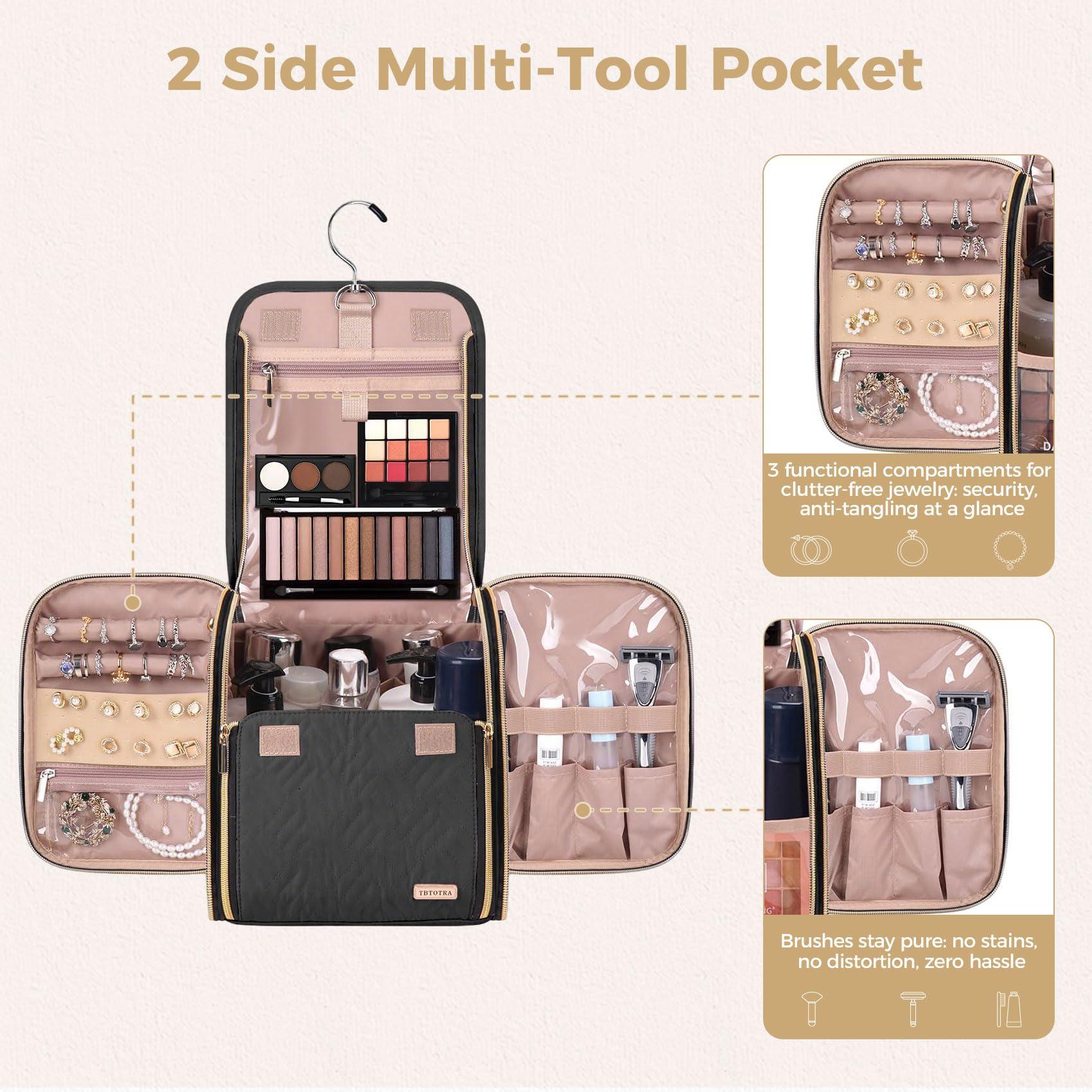 TBTOTRA Hanging Toiletry Bag & Makeup Bag for Women with Jewelry Organizer - TSA Approved Large Capacity Travel Cosmetic Organizer, Waterproof Shower Essentials Case with Transparent Pockets, Black - Image 6