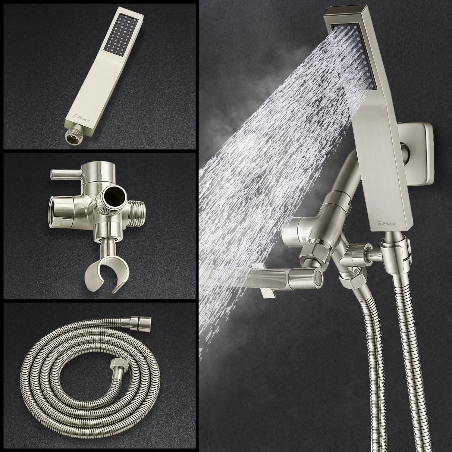 G-Promise All Metal 8 Inch Dual Square Shower Head with Handheld Combo, Rain Shower Head, Adjustable Extension Arm, Smooth 3-Way Diverter, 71 Inch Extra Long Hose - A Bathroom Upgrade (Brushed Nickel) - Image 3