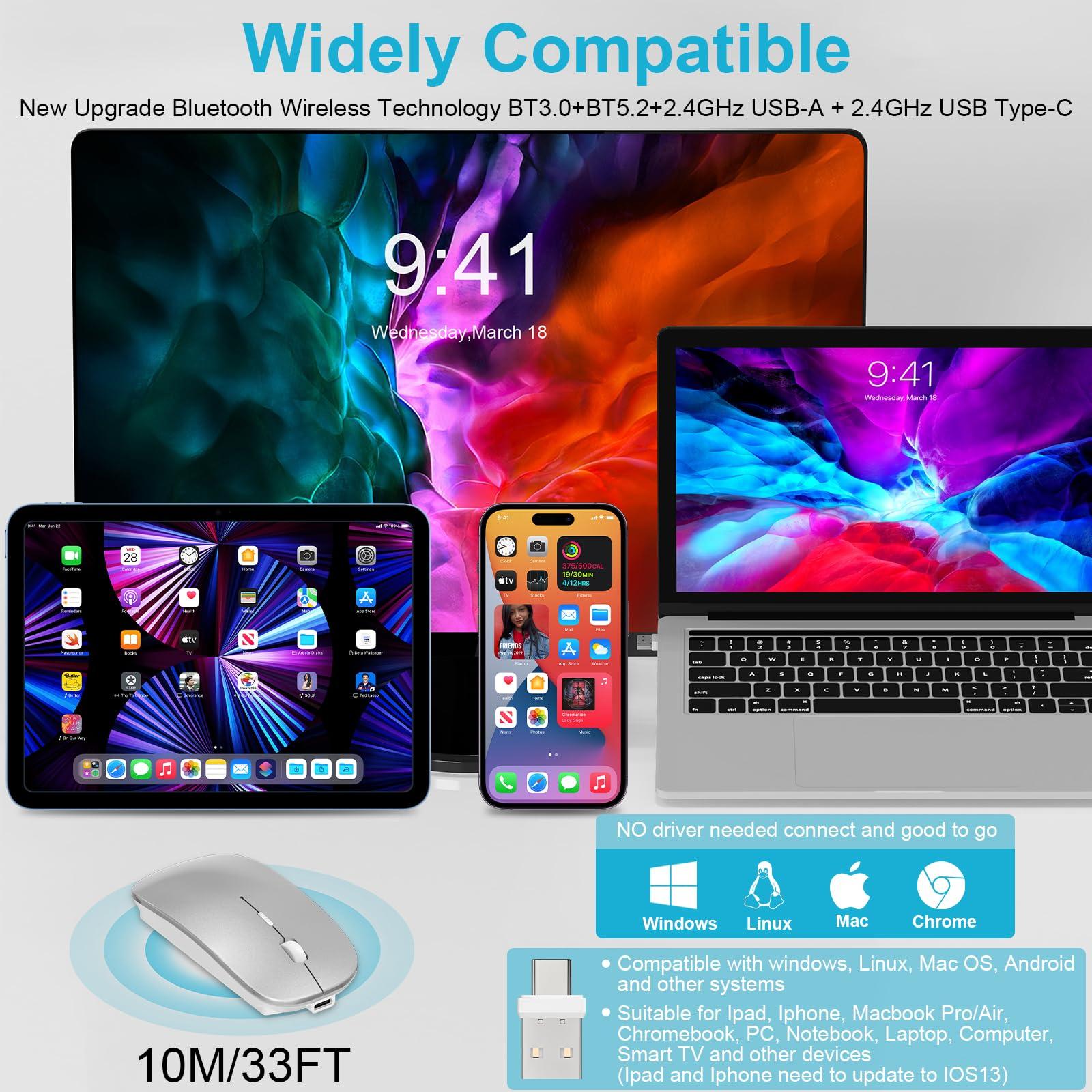 Bluetooth Wireless Mouse for MacBook Air Mac Pro Laptop Computer iPad Pad PC Optical Rechargeable Silent Mouse with Dual Mode Switch Mouse Bluetooth 5.2/3.0 and 2.4GHz USB Type-C Receiver (Silvery) - Image 2