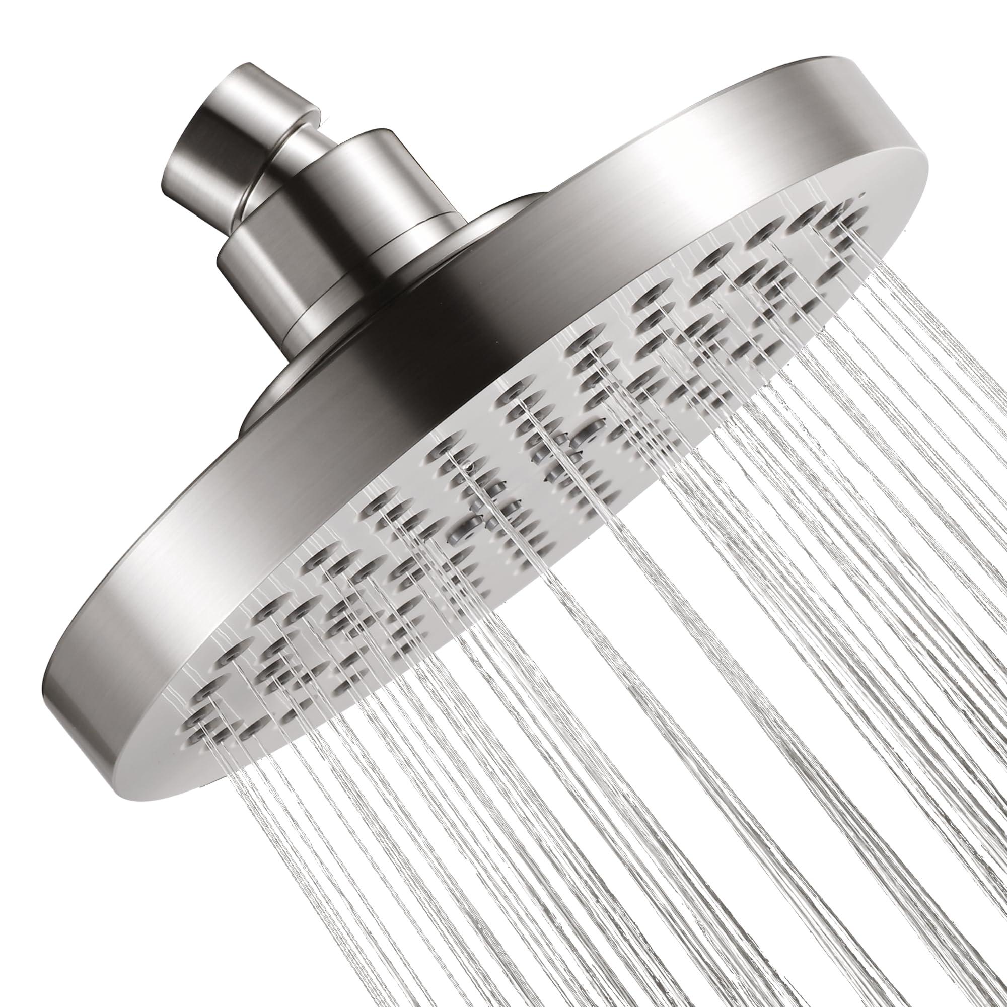 BRIGHT SHOWERS High Pressure Shower Head, 6 Inch Rain Shower Head, 2 Spray Settings Rainfall Shower Heads, Adjustable Angle Replacement Bathroom Showerhead, Easy Installation Brushed Nickel