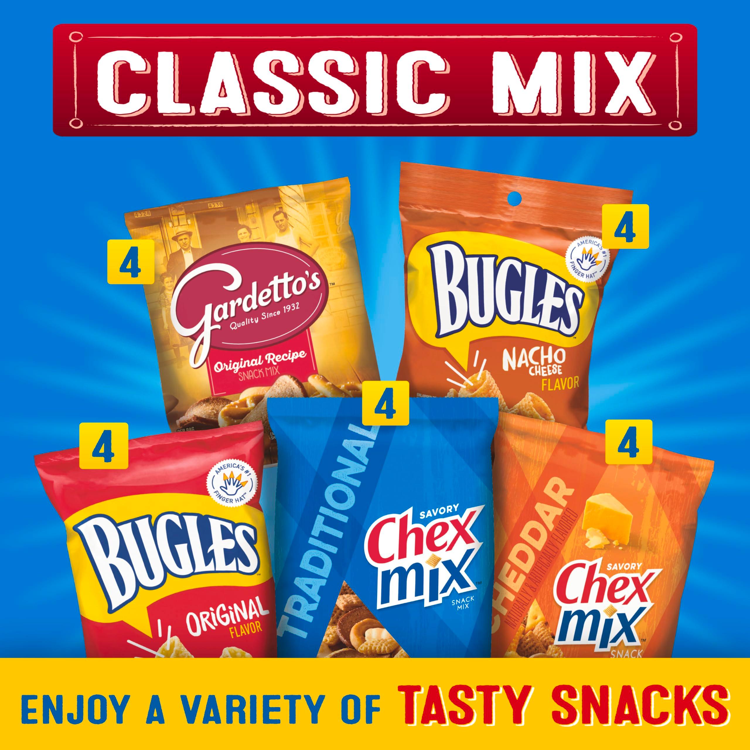 Classic Mix Snack Variety Pack, Bugles Original and Nacho Cheese, Gardetto's Original Recipe, Chex Mix Traditional and Cheddar, 20 Ct, 28 oz - Image 3