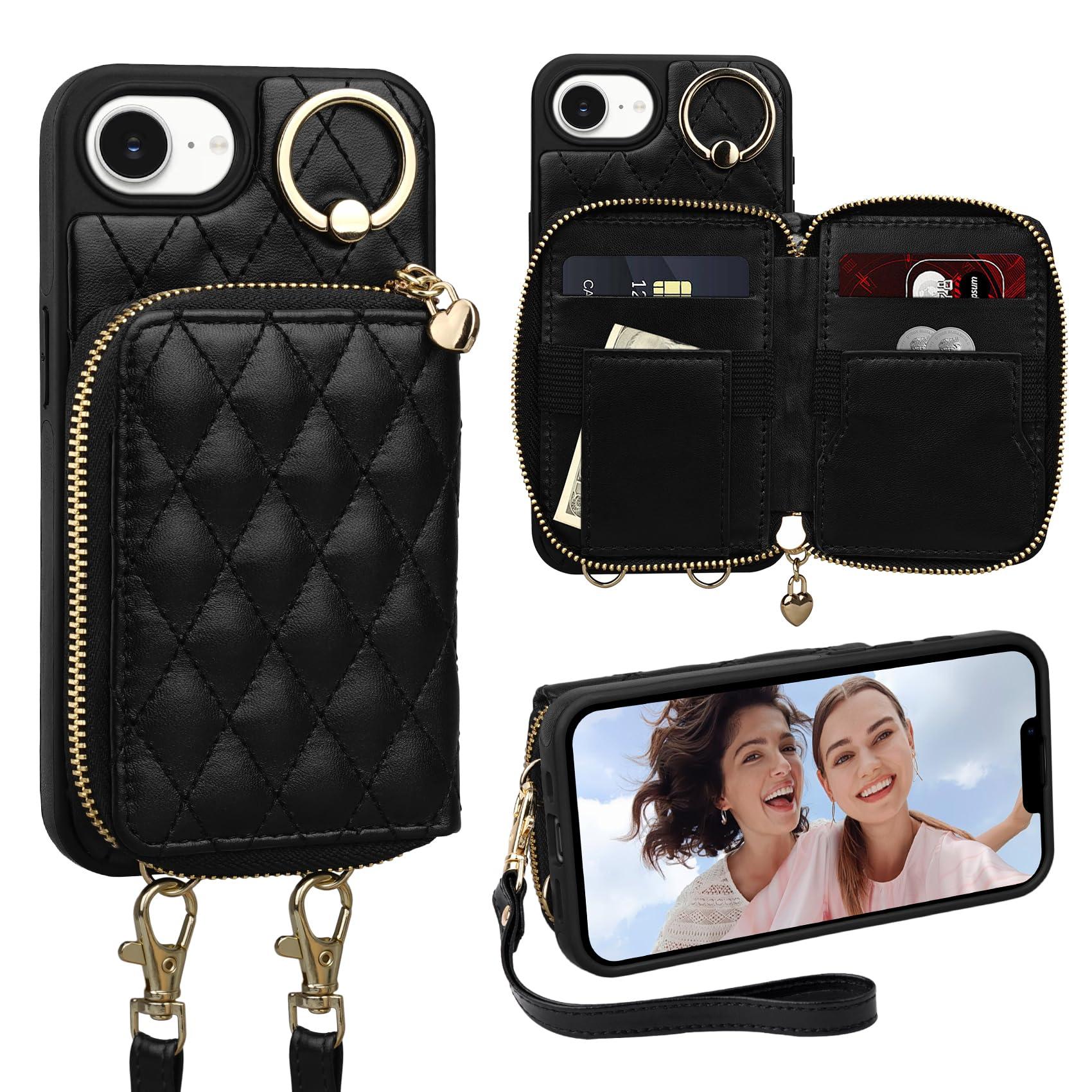 Keallce for iPhone 16e 6.1'' Wallet Case, Crossbody Zipper Purse with Wristlet for Women, RFID Blocking Card Holders, 360° Ring Kickstand Flip Leather Case for iPhone 16e 2025, Black