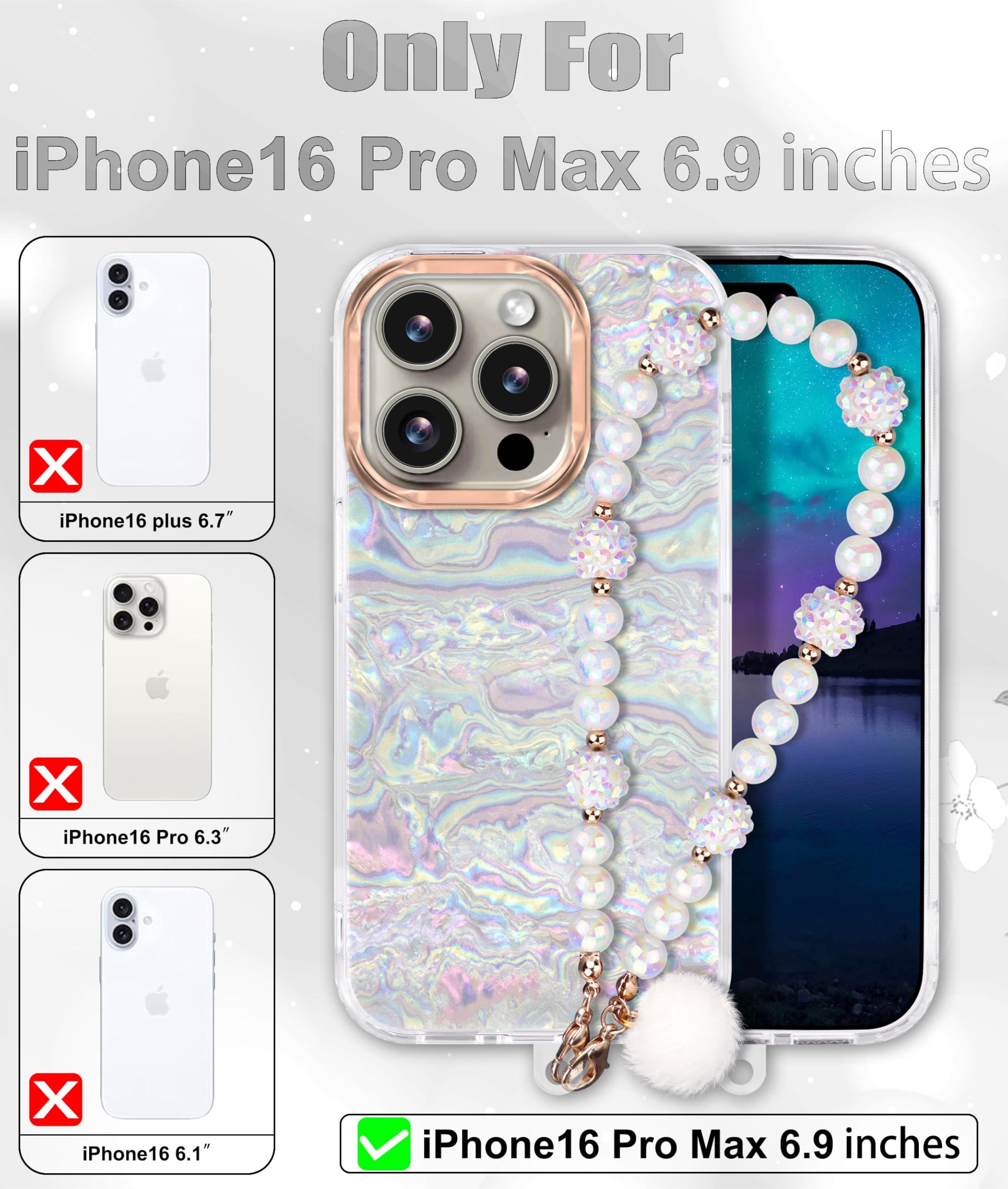Compatible with iPhone 16 Pro Max Case for Women Girls, Slim Fit Glitter Cute Phone Case for iPhone 16 Pro Max with Pearl Phone Charm Lanyard Wrist Strap, Hard Protective Case 6.7 Inch Shiny White - Image 2