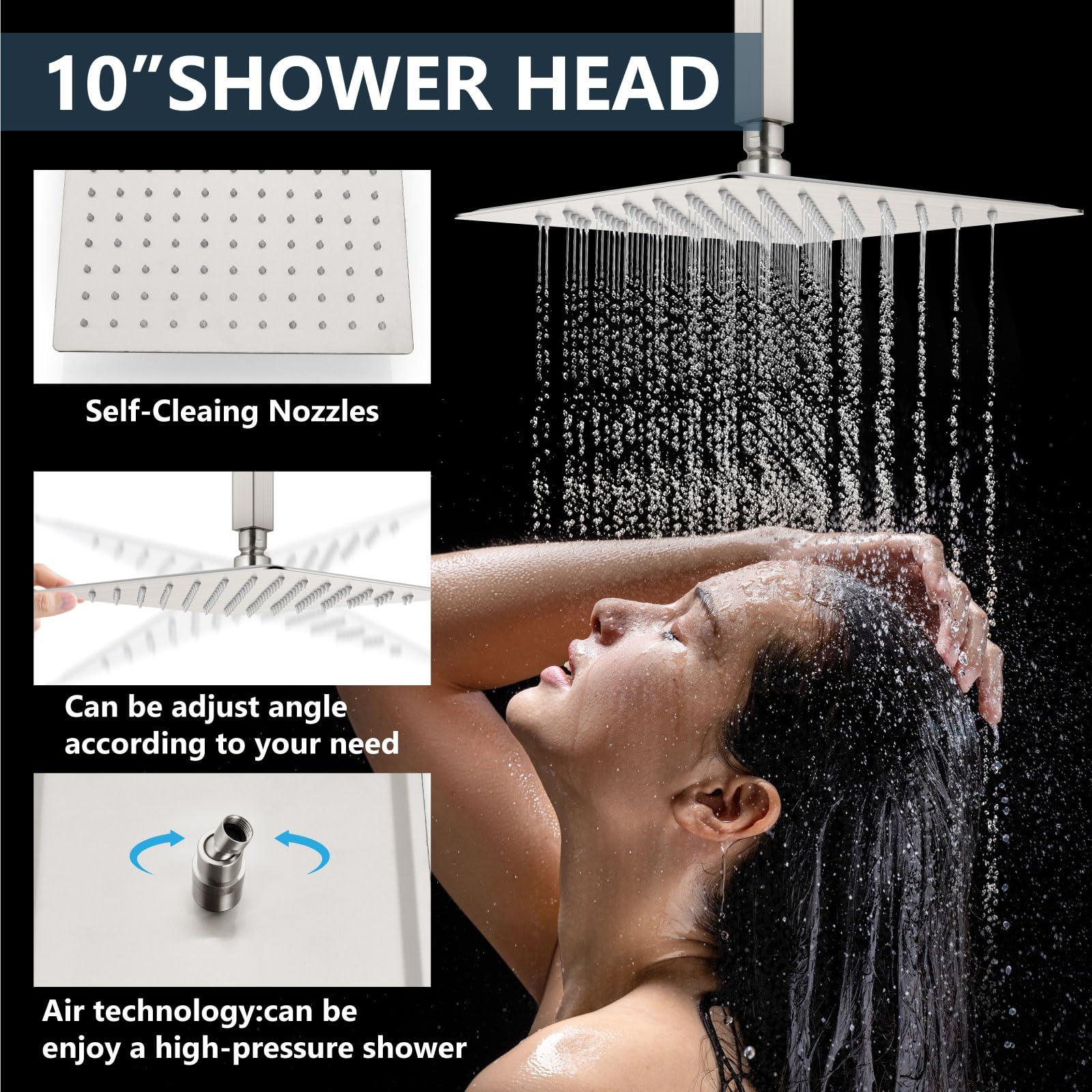 Aolemi Shower Faucet Set Ceiling Mount Shower System Rough-in Valve and Shower Trim Kit 10 and 6 Inch Dual Shower Head 2 in 1 Handheld Spray Push Button Diverter Brushed Nickel - Image 5