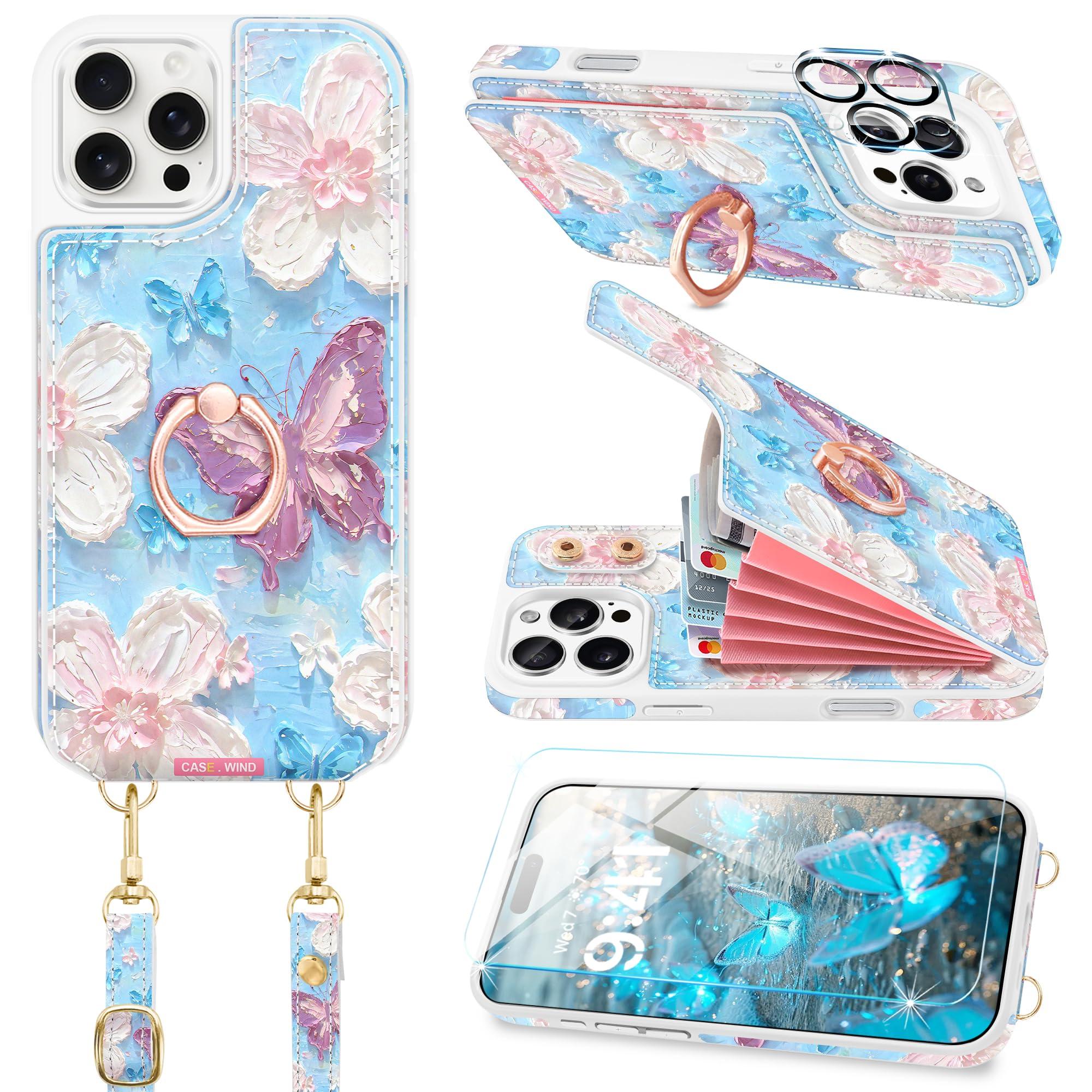 Casewind Crossbody Wallet Case for iPhone 16 Pro Max with Card Holder, Cute 3D Oil Painting Floral Butterfly Crossbody Case[Screen Protector+Camera Lens Protector]Ring Stand&Lanyard Flip Cover, White - Image 8