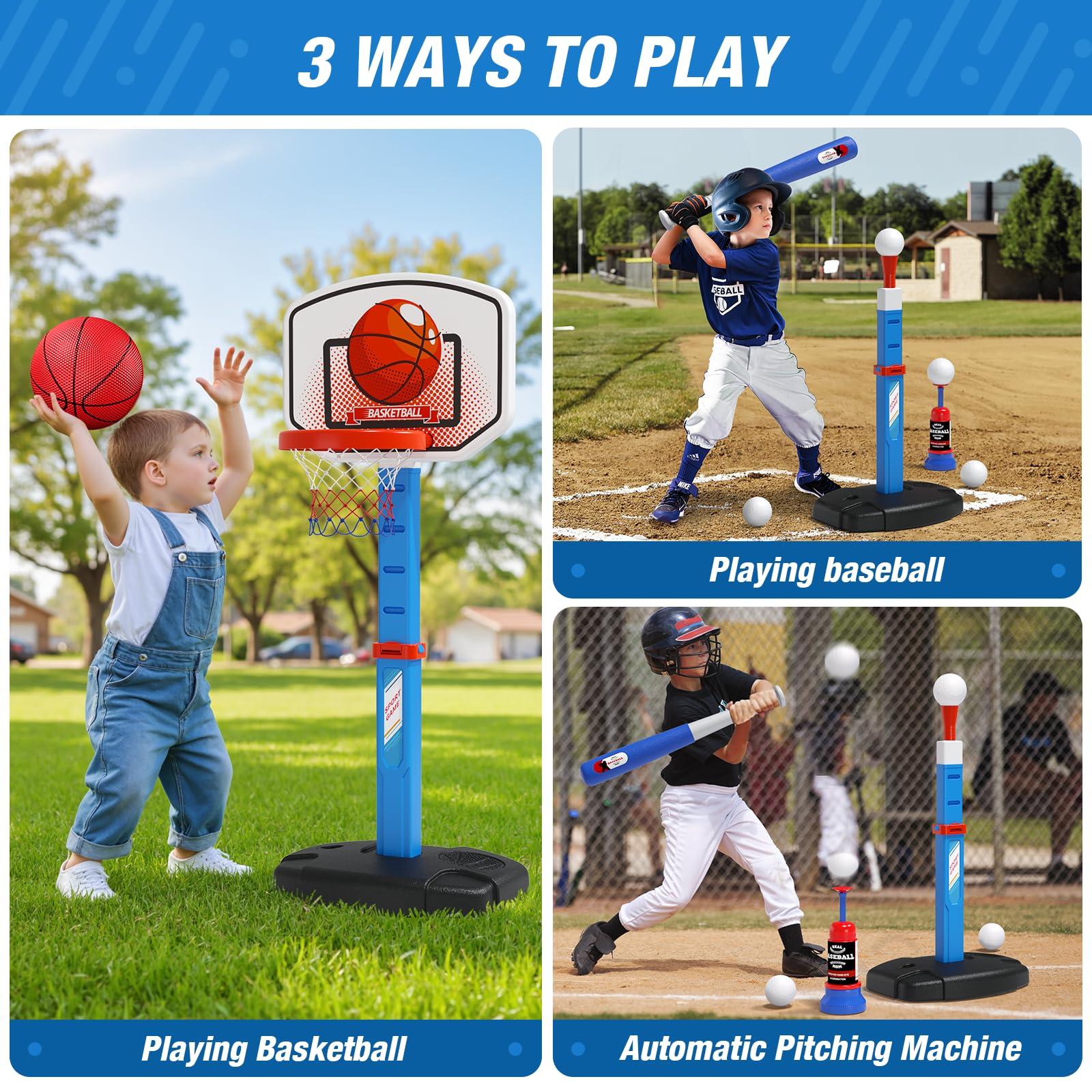 HYES 2 in 1 Kids Basketball Hoop and T Ball Set - Adjustable Height, Kids Baseball Tee with Automatic Pitching Machine, Indoor Outdoor Sport Toys Gifts for Toddler Boys Girls Age 1-5, Blue - Image 3