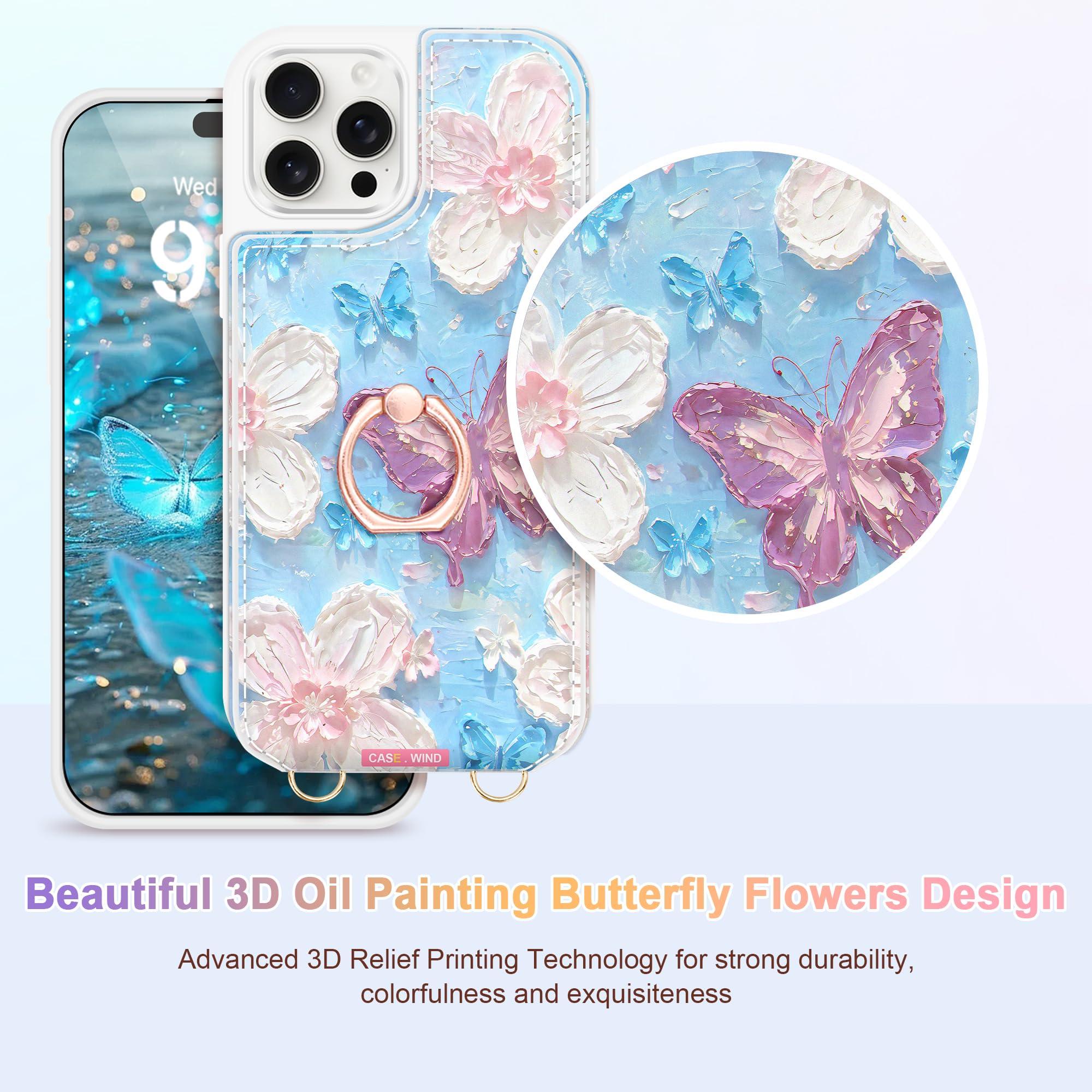 Casewind Crossbody Wallet Case for iPhone 16 Pro Max with Card Holder, Cute 3D Oil Painting Floral Butterfly Crossbody Case[Screen Protector+Camera Lens Protector]Ring Stand&Lanyard Flip Cover, White - Image 7