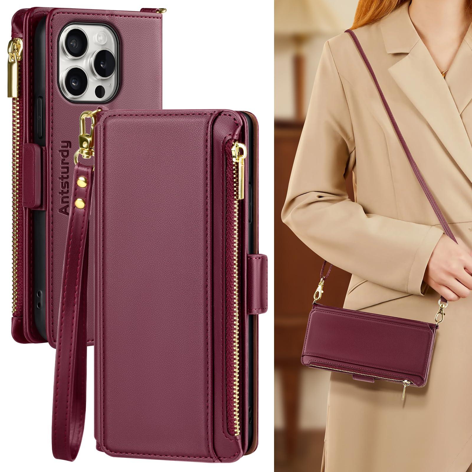 Antsturdy Compatible with iPhone 16 Pro Max Wallet Case for Women【RFID Blocking】 Crossbody Phone Case PU Leather Zipper with Wrist Strap Flip Cover Credit Card Holder for Apple 16 Pro Max,Wine Red