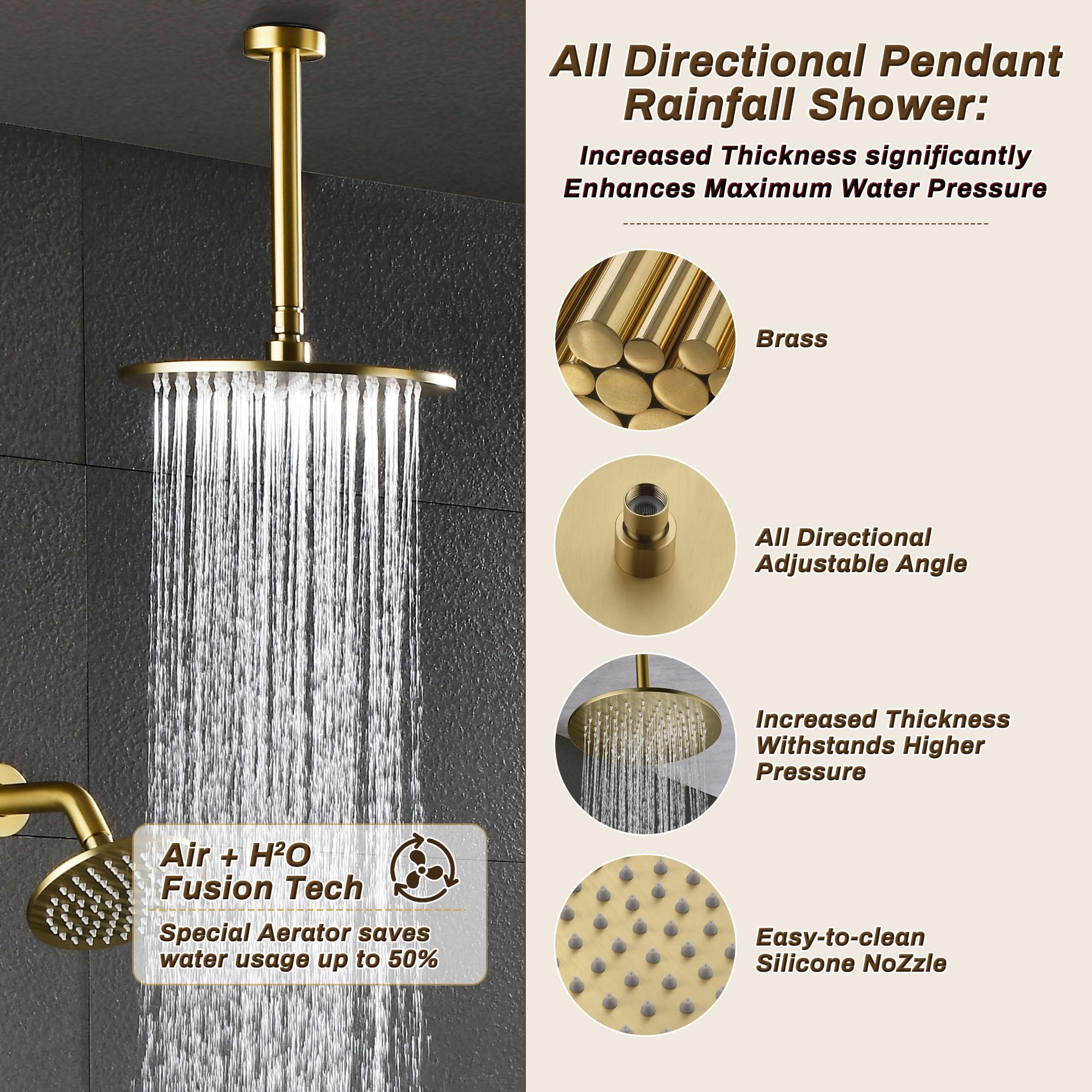 Tomfaucet Rain Shower System, Push Button Diverter Shower Faucet Set with 2 in 1 Handheld Spray, Wall Mount Shower, Ceiling Mount Shower Head 3-Function Rainfall Shower System-Brushed Gold - Image 7