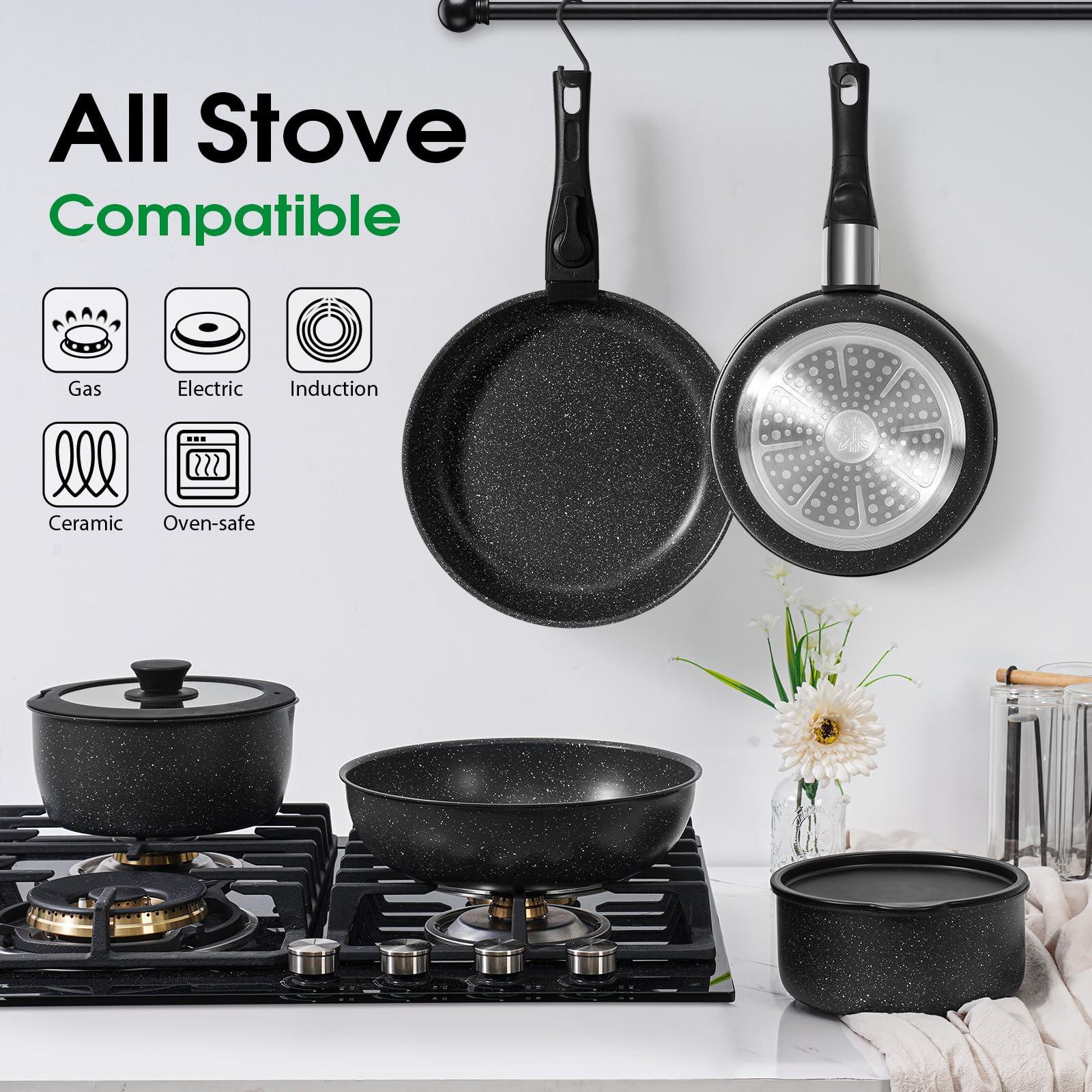 SODAY 15Pcs Pots and Pans Set Non Stick, Cookware Sets with Detachable Handle, Nonstick RV Kitchen Cooking Tools Removable Handles, Oven Safe, Induction Fast, Stackable Induction Cookware,Black - Image 6