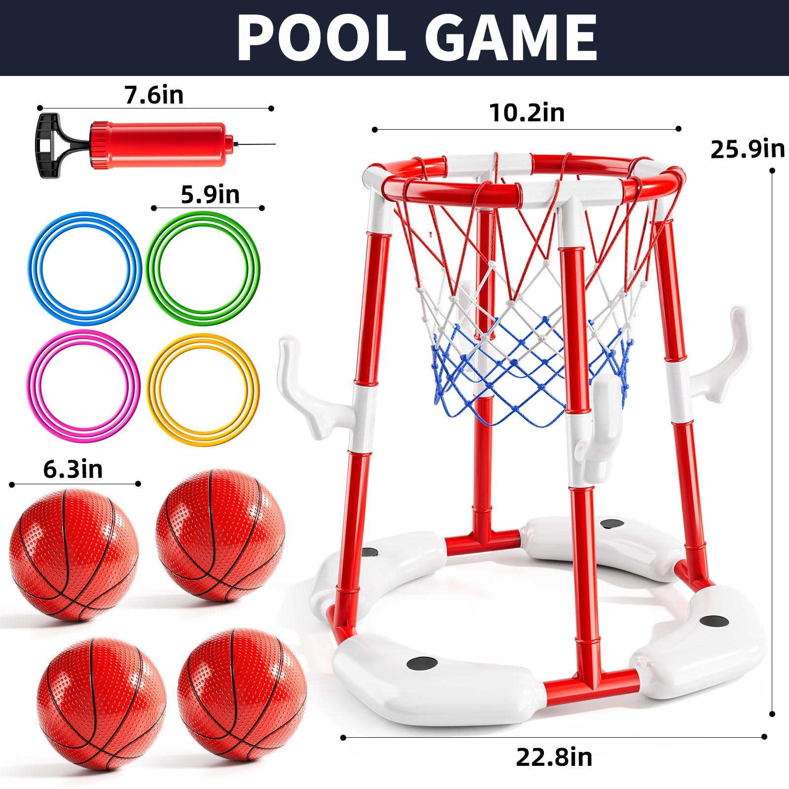 NIPLOOOW Pool Basketball Hoop, 2-in-1 Floating Pool Toys Ring Game with 4 Balls and Pump, Outdoor Swimming Pool Basketball Games Water Play Toy Family Party for Kids Adults Age 3-12 (Red) - Image 2