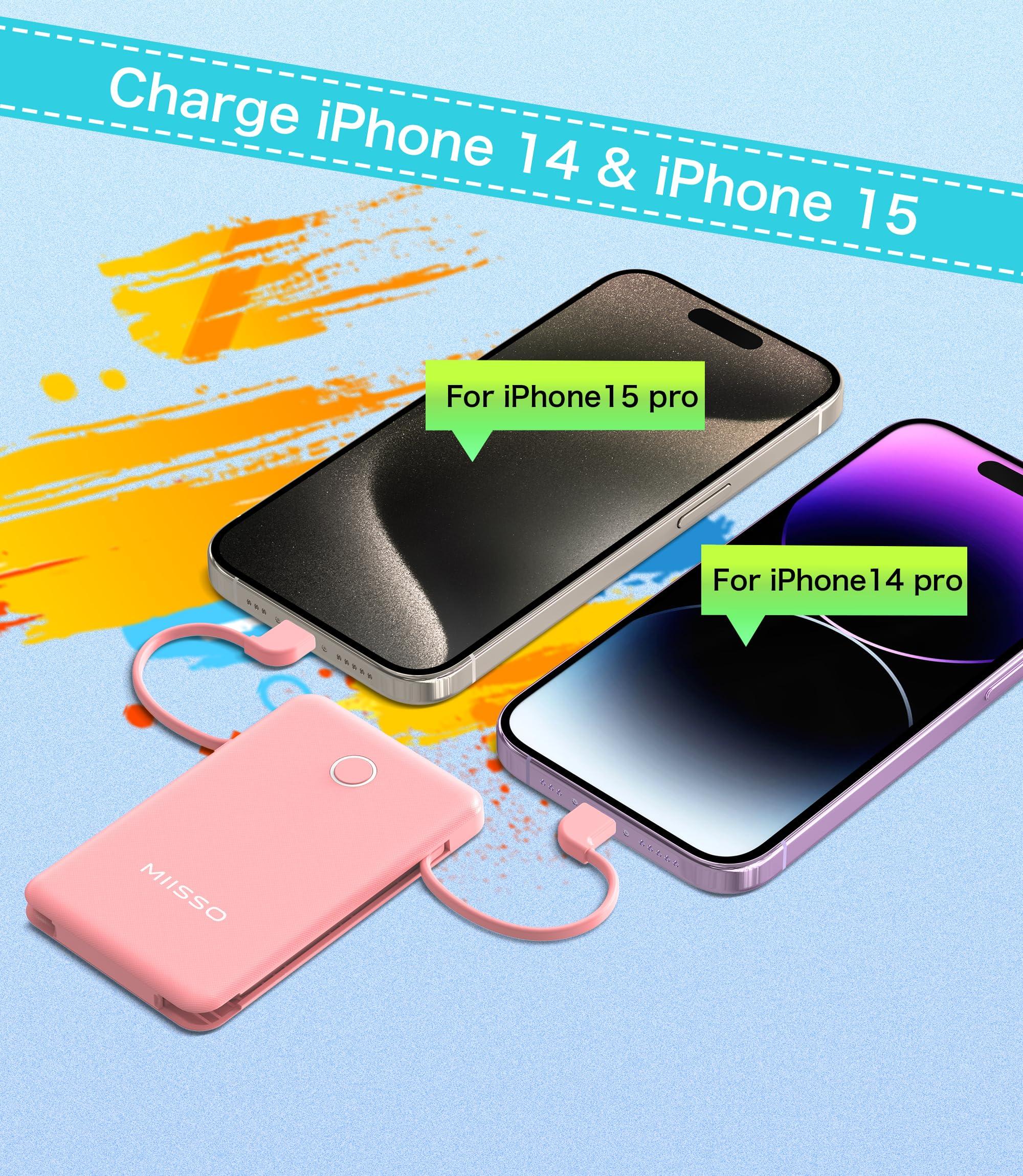 6000mah Ultra Slim Built in Cables Power Bank, Card Size Built in USB C Cords Battery Pack Portable Charger for Phones, 3 Output External Battery Pack Compatible with iPhone, Samsung, Google, Pink - Image 4