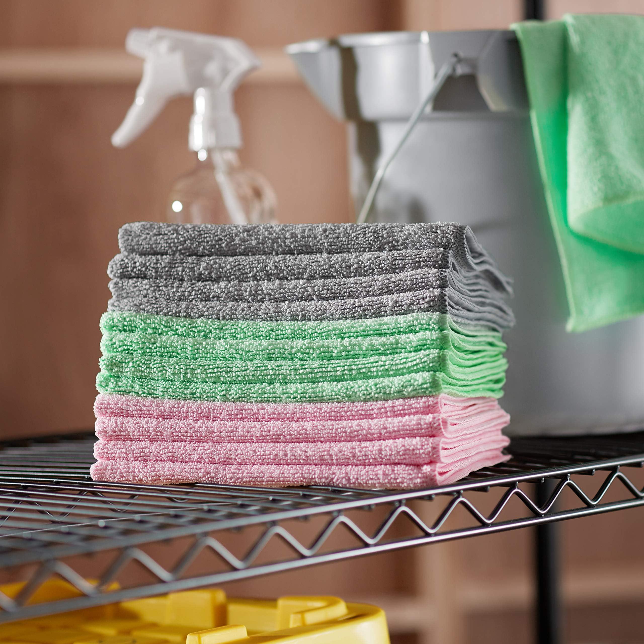 Amazon Basics Microfiber Cleaning Cloths, Ultra Soft and Absorbent, Free from Streaks/Lint/Scratch for Cars, 16" x 12", Green/Gray/Pink, 24-Pack - Image 5