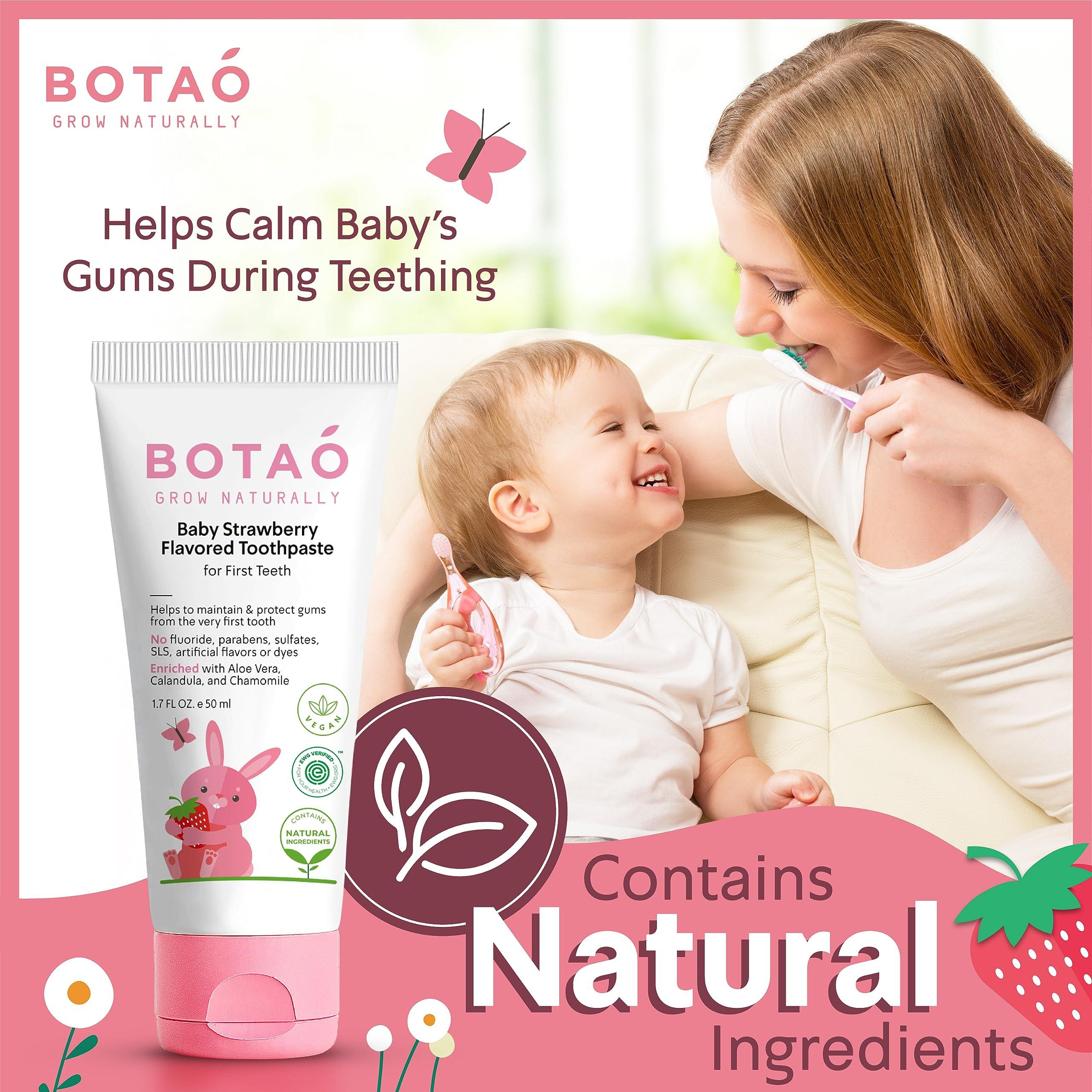 BOTAO Fluoride Free Baby Toothpaste | Strawberry Flavored - Organic Training Natural Toddler Toothpaste for Toddlers | EWG Verified, Vegan, SLS Free, Safe to Swallow, Aloe Vera -1.7Oz - Image 3
