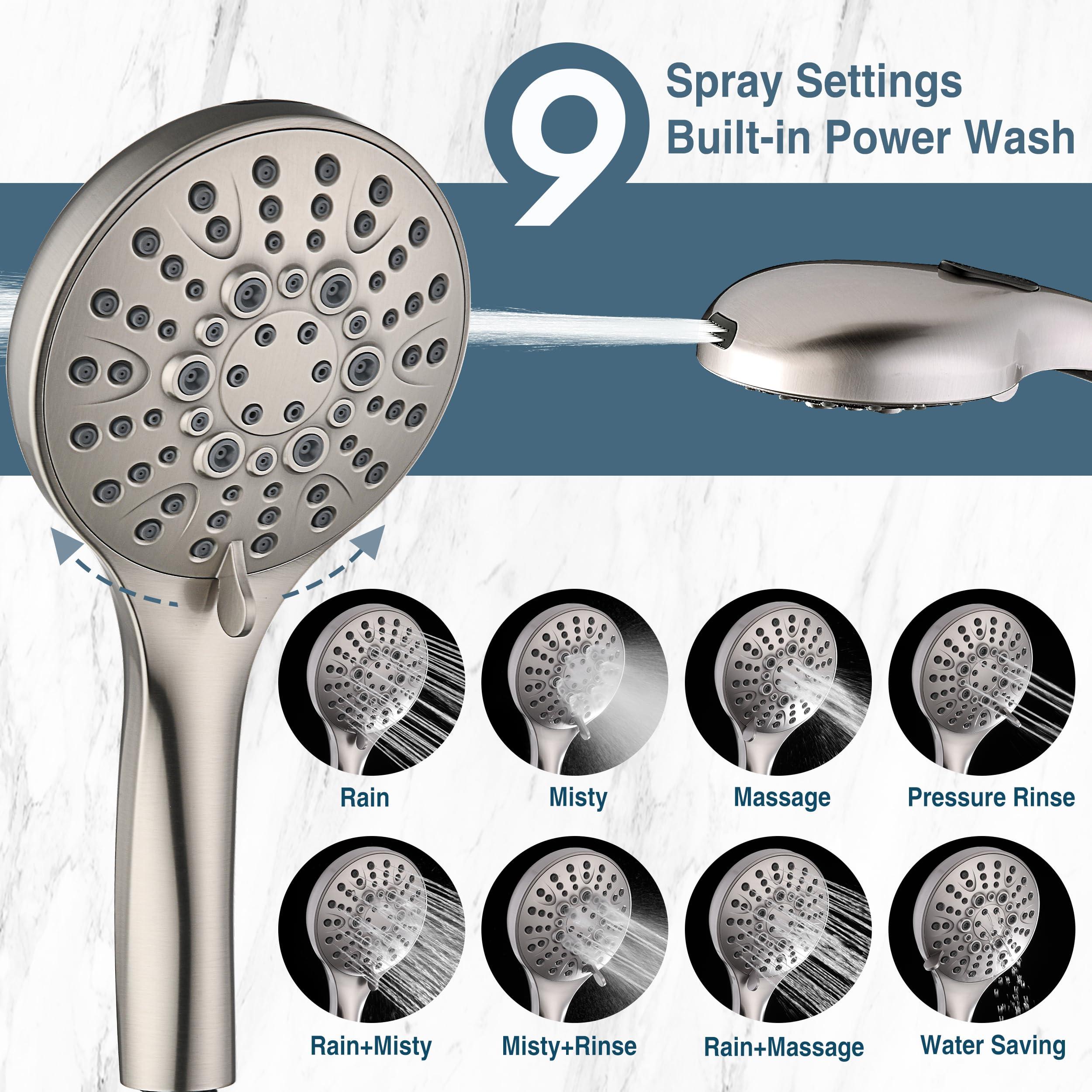 BRIGHT SHOWERS Rain Shower Head with Handheld Spray Built-in Power Wash, High Pressure Dual Shower Head with Adjustable Extension Arm, 3-Way Diverter, 9-Mode Handheld, 69” Long Hose, Brushed Nickel - Image 2