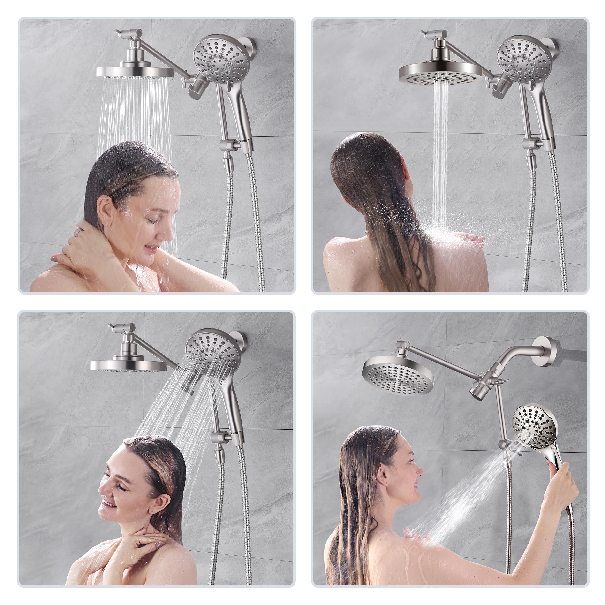BRIGHT SHOWERS Rain Shower Head with Handheld Spray Built-in Power Wash, High Pressure Dual Shower Head with Adjustable Extension Arm, 3-Way Diverter, 9-Mode Handheld, 69” Long Hose, Brushed Nickel - Image 4