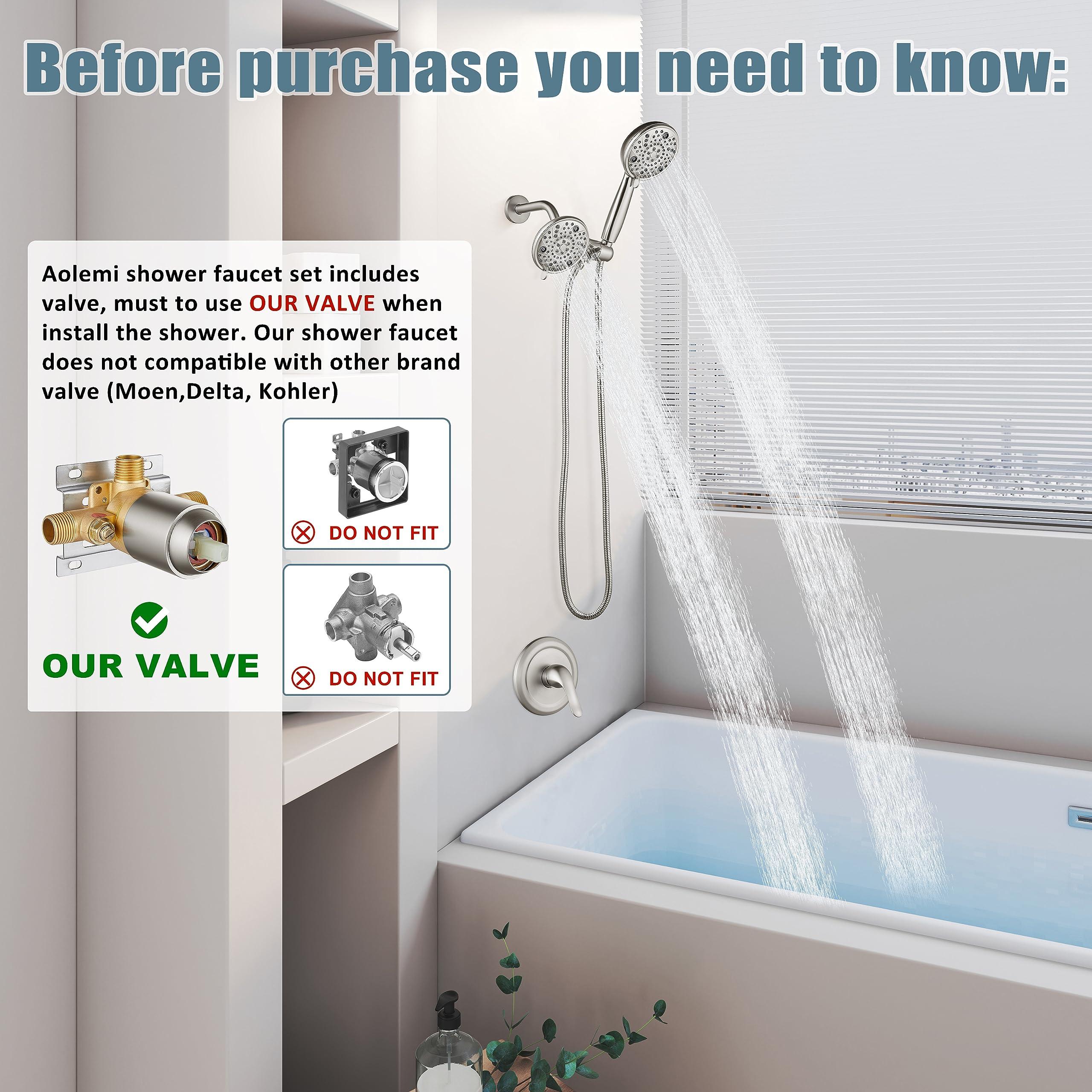 Aolemi Shower Faucet Set Rain Shower Head System Shower Trim Kit Pressure Rough-in Valve Included 8 Setting Dual Shower Head and Handheld Spray Brushed Nickel - Image 2
