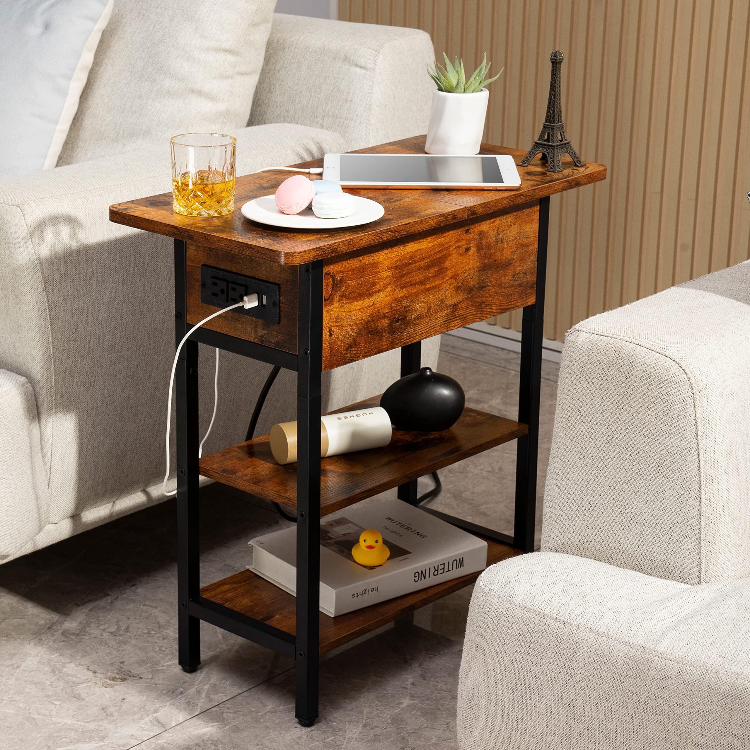 Yoobure End Table with Charging Station, Flip Top Side Table with USB Ports and Outlets, Sofa Couch Table Bedside Table for Living Room Bedroom, Narrow Nightstand with Storage Shelves for Small Space - Image 4