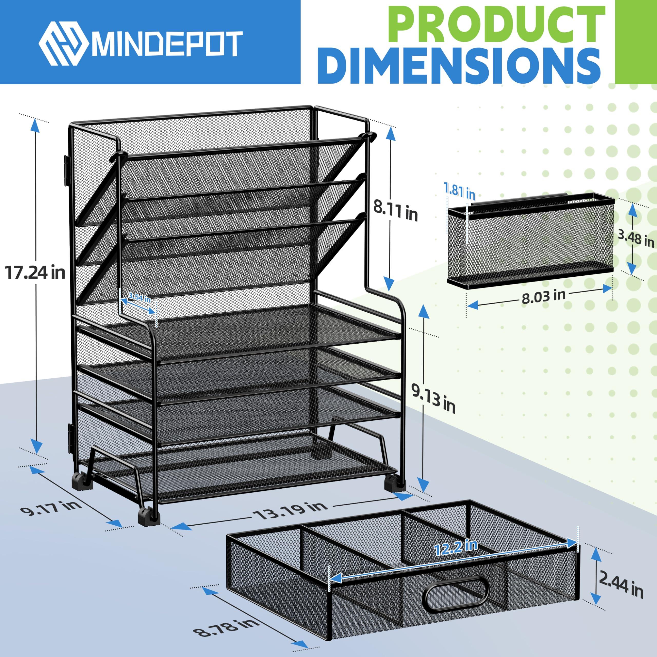 MINDEPOT 4-Tier Paper Organizer + 3-Pocket File Holder + Drawer + Pen Holders, Desktop File Organizers Paper Tray for Office Accessories School Classroom Organization (Black) - Image 3