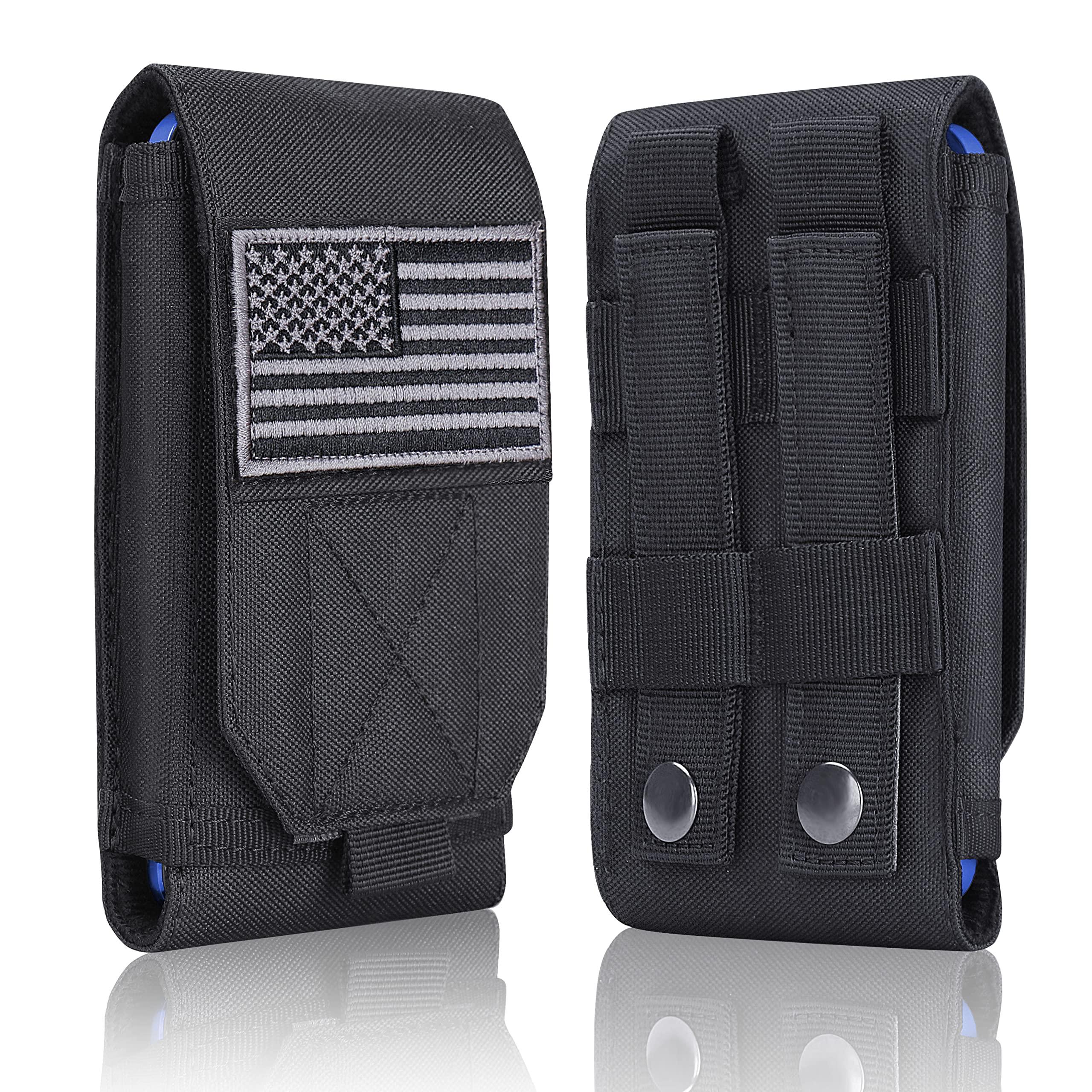 Heyqie Black Tactical Molle Cellphone Pouch Case,Heavy Duty Waterproof Phone Holster Bag for iPhone 14 15 16 Pro Max Samsung S24 S23 Ultra S22 Plus Note 20 A13 A12 Less 6.7" Phone with US Flag Patch