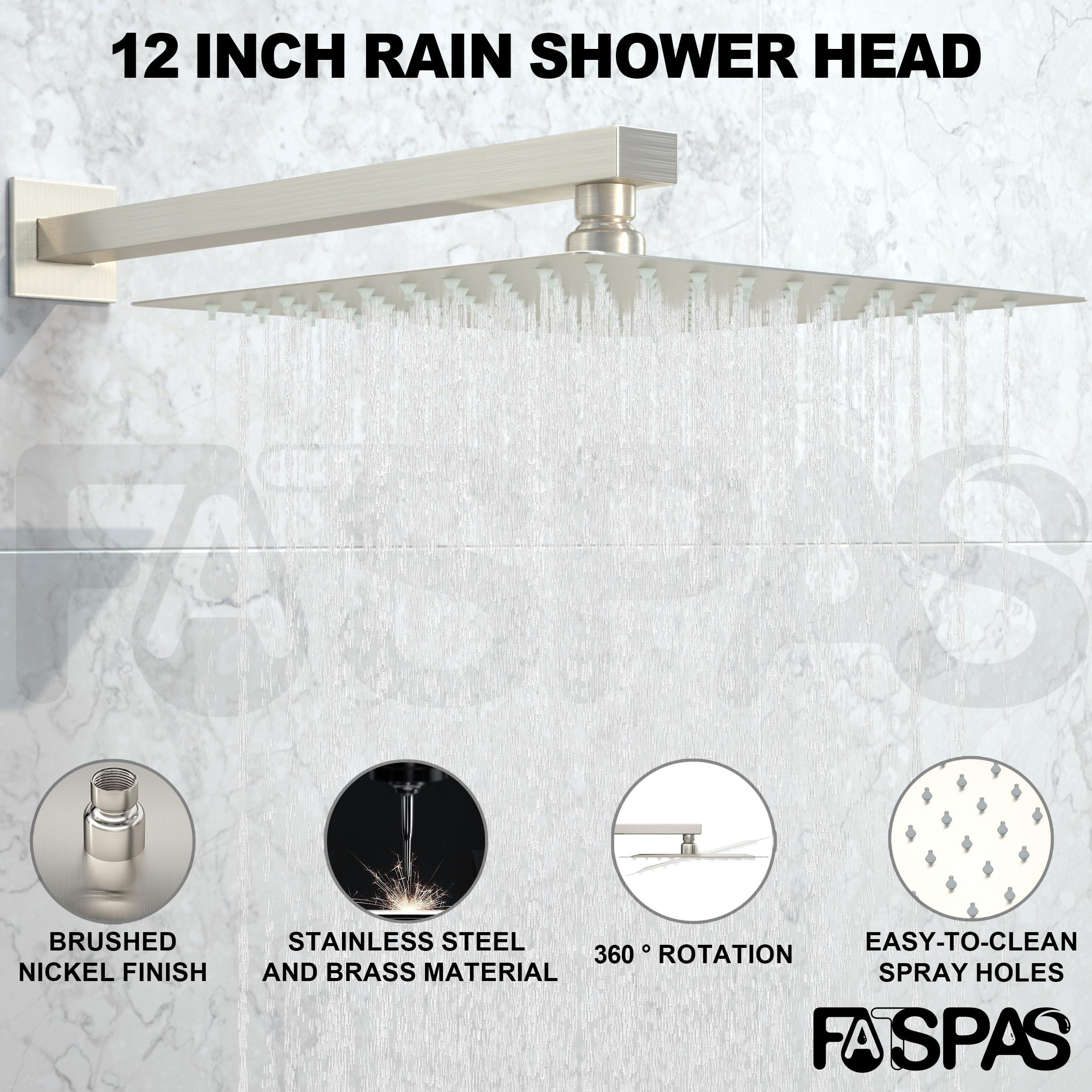 Fatspas Shower System with Tub Spout, Wall Mounted Shower Faucet Set for Bathroom with 12 Inch Rain Shower Head and Handheld Shower Head Set, Brushed Nickel - Image 3