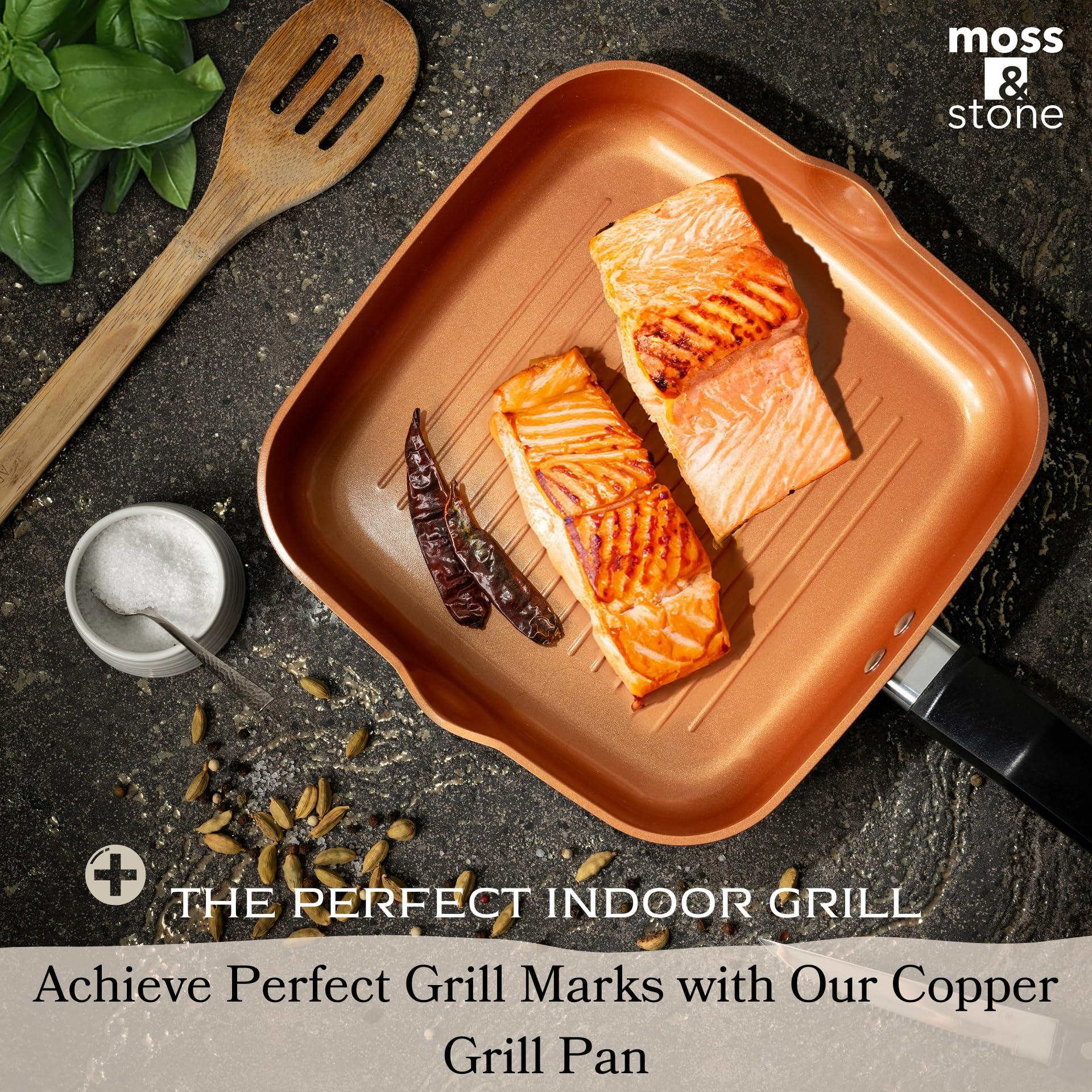Moss & Stone Square Grill Pan For Indoor Cooking, 9.5In Frying Pan Copper Non-Stick Saute Fry Pan, Induction Copper Pan for Meats & Vegetables, Aluminum Griddle Nonstick Stove Top Grill Pan - Image 6