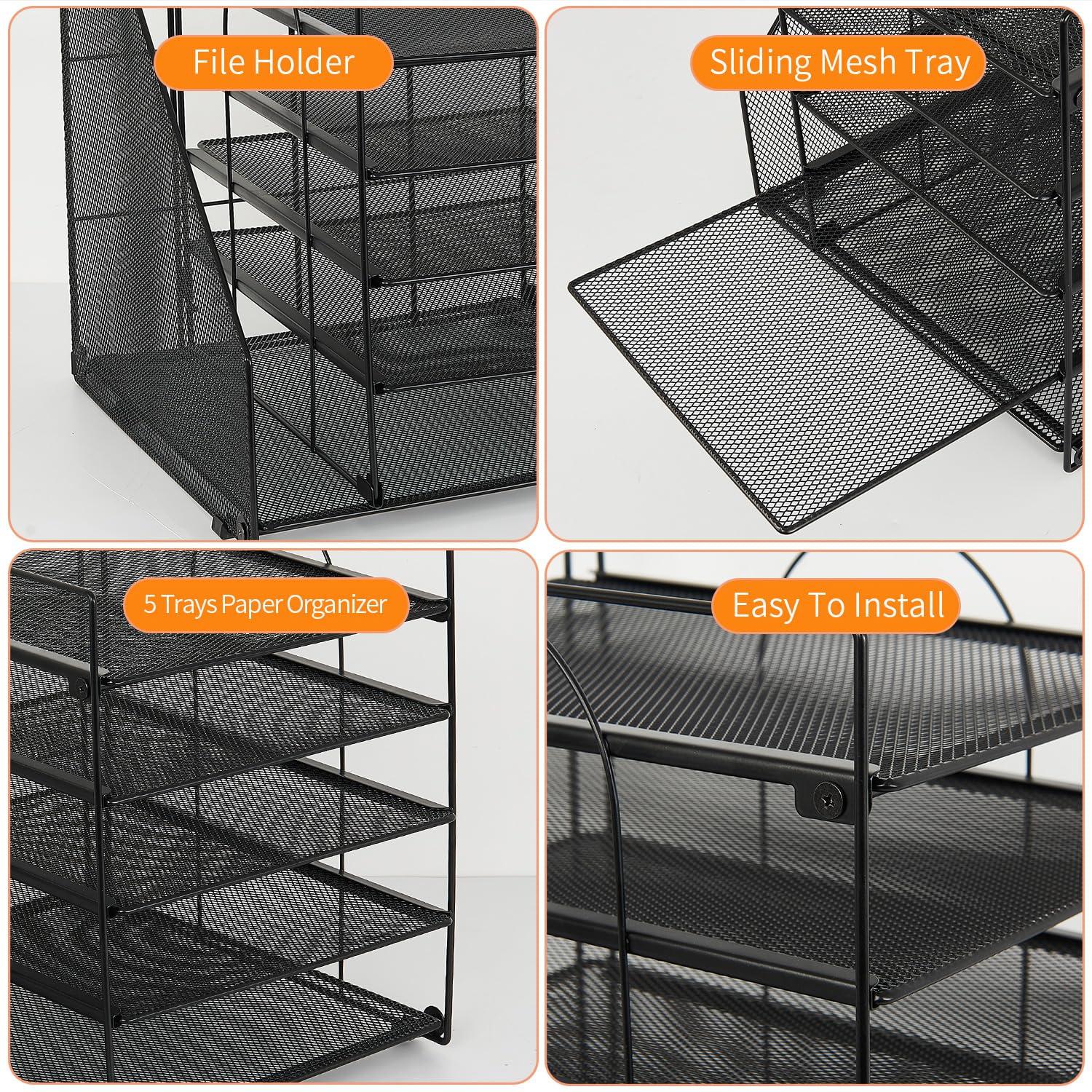 LEKETREE Desk Organizers and Accessories, 5-Tier Paper Letter Tray Organizer with File Holder, Desktop Organizer for Office Supplies (Black) - Image 6
