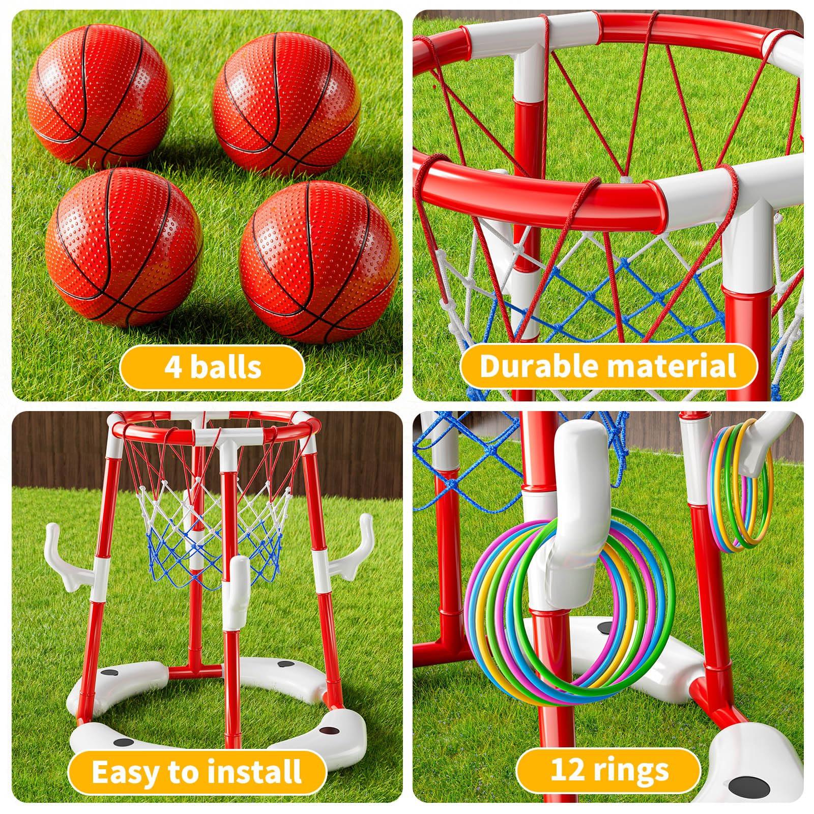 NIPLOOOW Pool Basketball Hoop, 2-in-1 Floating Pool Toys Ring Game with 4 Balls and Pump, Outdoor Swimming Pool Basketball Games Water Play Toy Family Party for Kids Adults Age 3-12 (Red) - Image 5