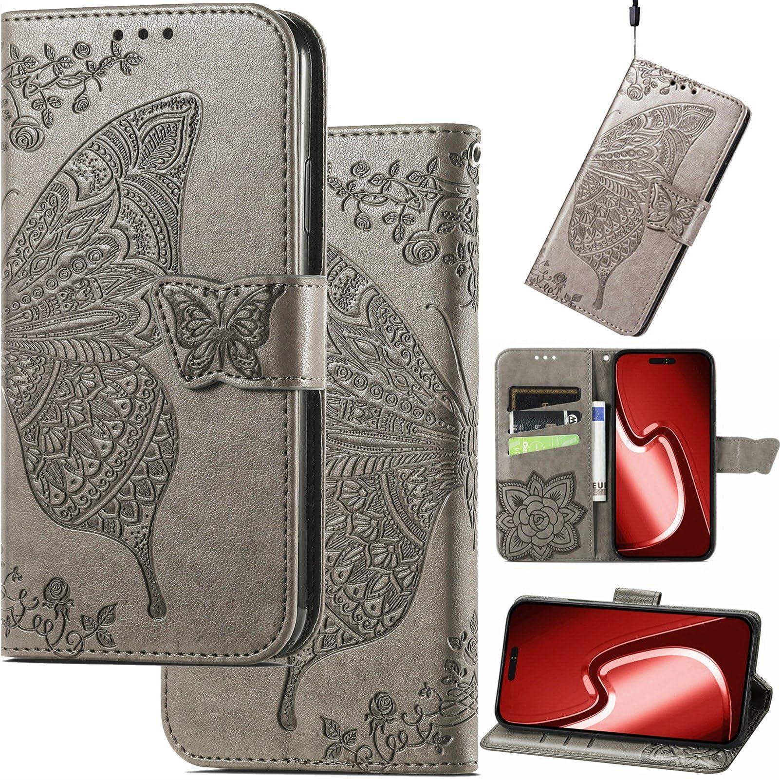 GuluGuru for iPhone 16 Pro Max Leather Wallet Phone Case, Butterfly Flower Relief Folio Flip Cover, Floral Card Holder Cash Slot, Magnetic Clasp, Stand Support, Wrist Strap Lanyard