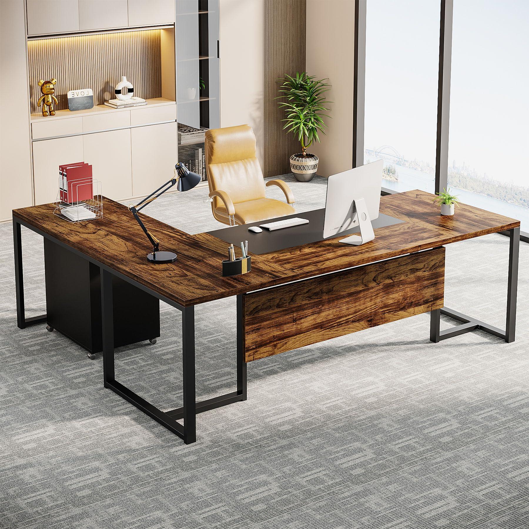 Tribesigns 70.8-Inch Executive Desk with File Cabinet, Large L Shaped Computer Desk with Storage Cabinet, L Shaped Desk with Drawer Cabinet, Rustic Brown & Black - Image 3