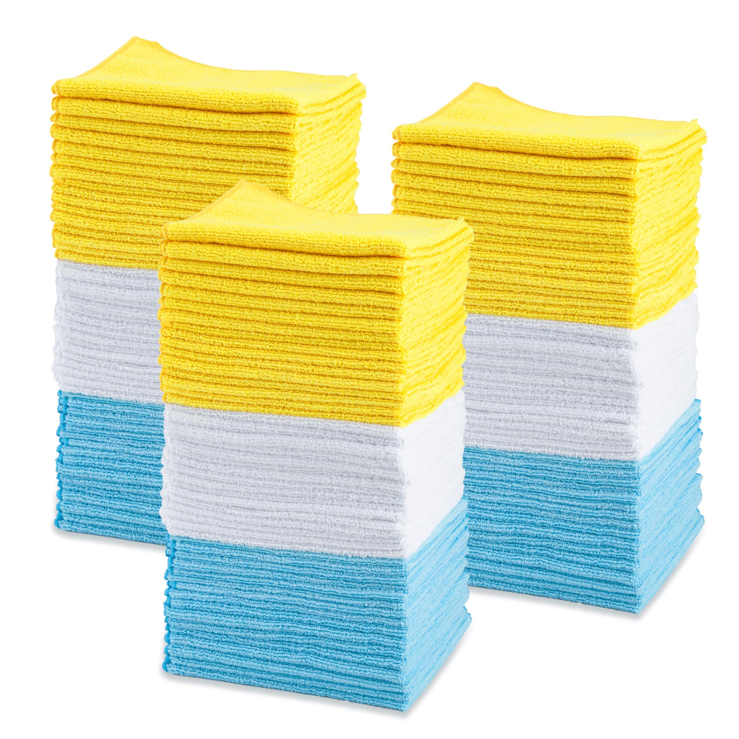 Amazon Basics Microfiber Cleaning Cloths for Cars, Non-Abrasive, Highly Absorbent, Lint and Scratch-Free, Reusable and Washable, 16" x 12", Blue/White/Yellow, 144-Pack