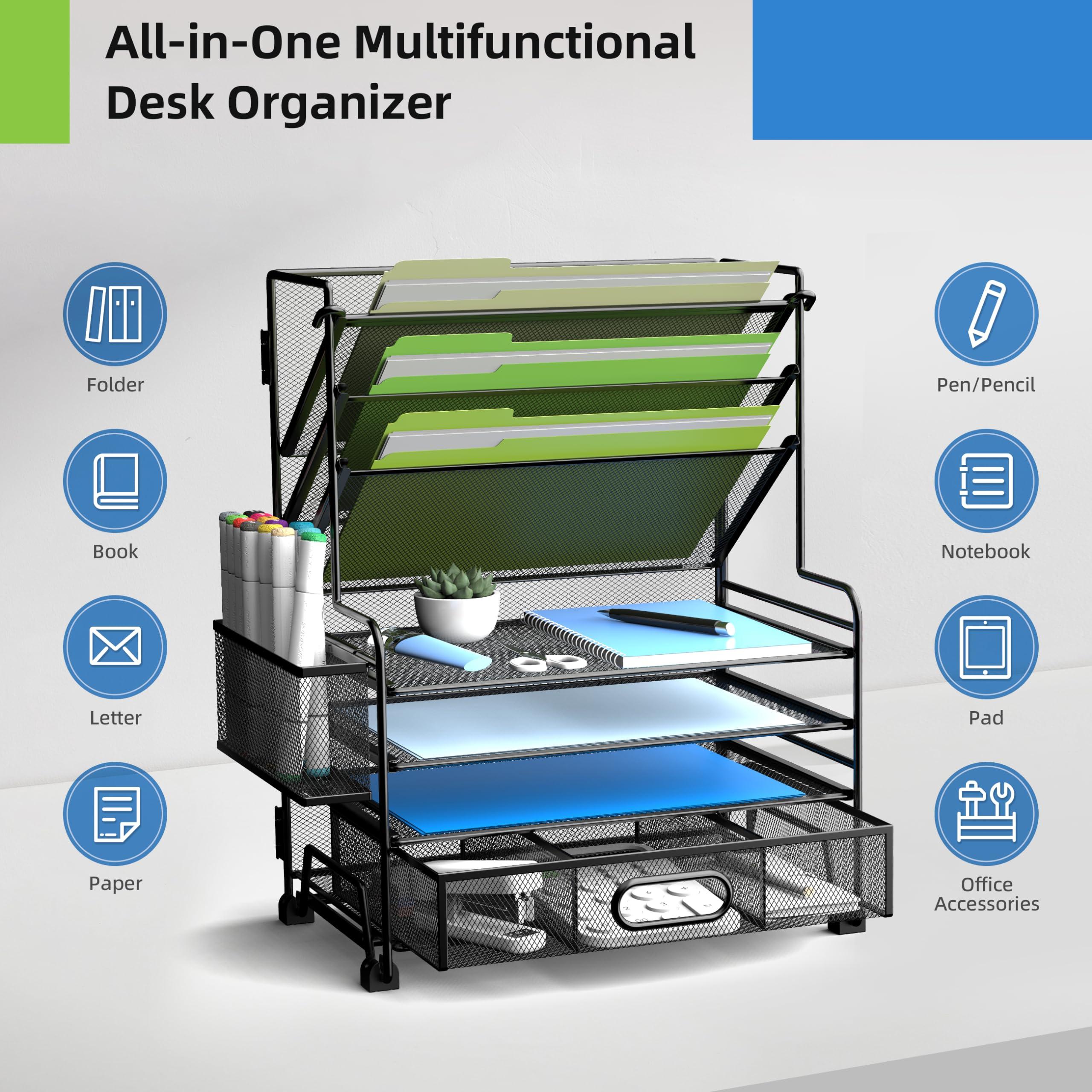 MINDEPOT 4-Tier Paper Organizer + 3-Pocket File Holder + Drawer + Pen Holders, Desktop File Organizers Paper Tray for Office Accessories School Classroom Organization (Black) - Image 5