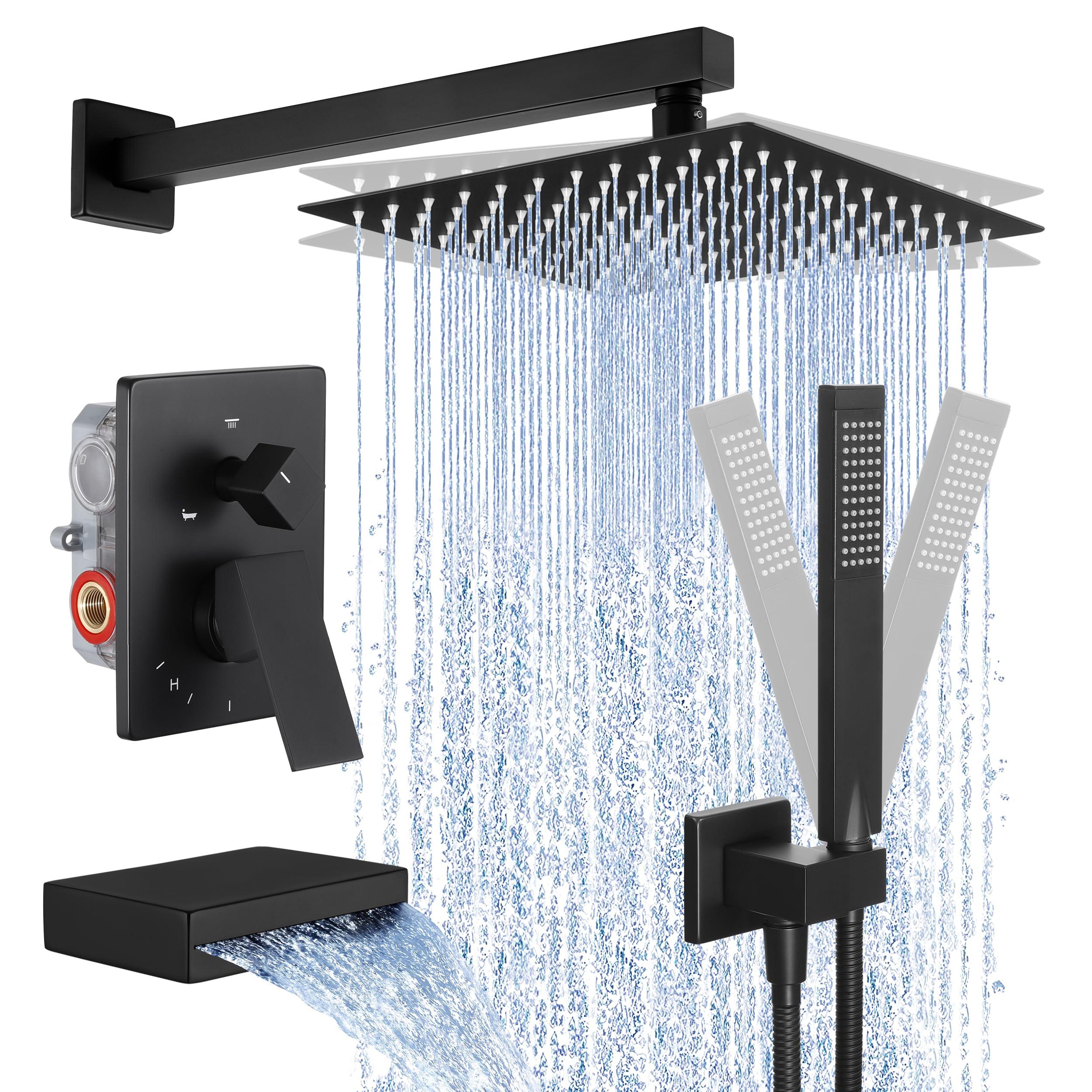 KES Shower System with Tub Spout, Matte Black Shower Faucet Set Complete 10 Inch Rain Shower Head with Handheld Spray and Waterfall Bathtub, cUPC Pressure Balance Shower Valve Trim Kit, XB6305F18-BK