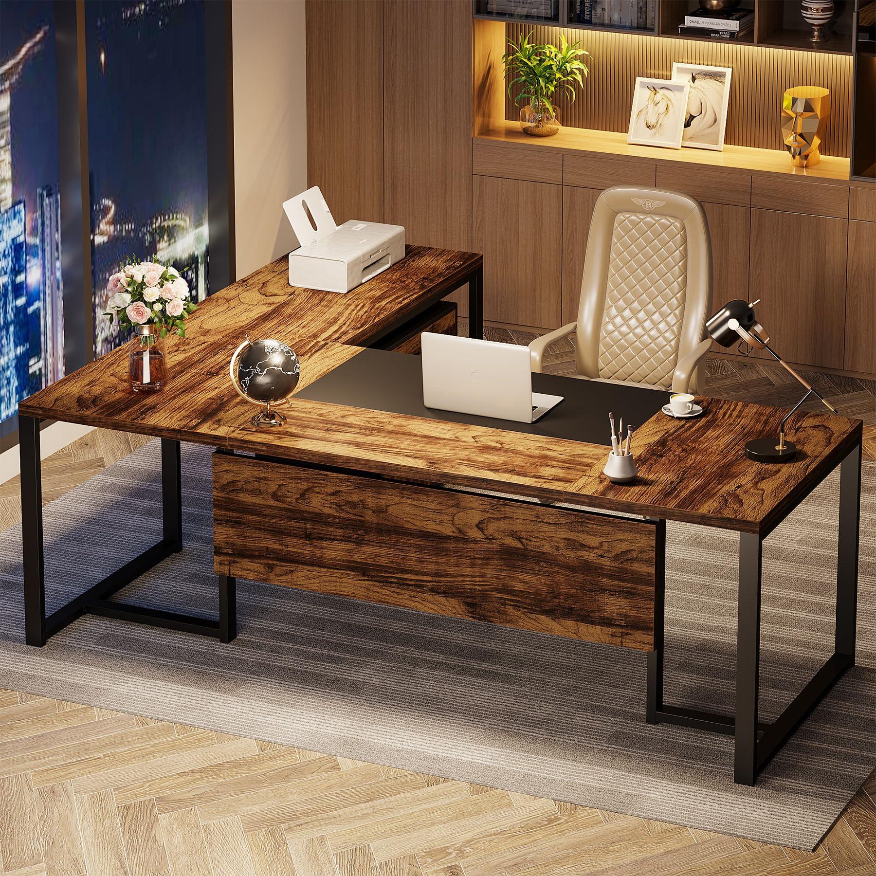 Tribesigns 70.8-Inch Executive Desk with File Cabinet, Large L Shaped Computer Desk with Storage Cabinet, L Shaped Desk with Drawer Cabinet, Rustic Brown & Black - Image 7