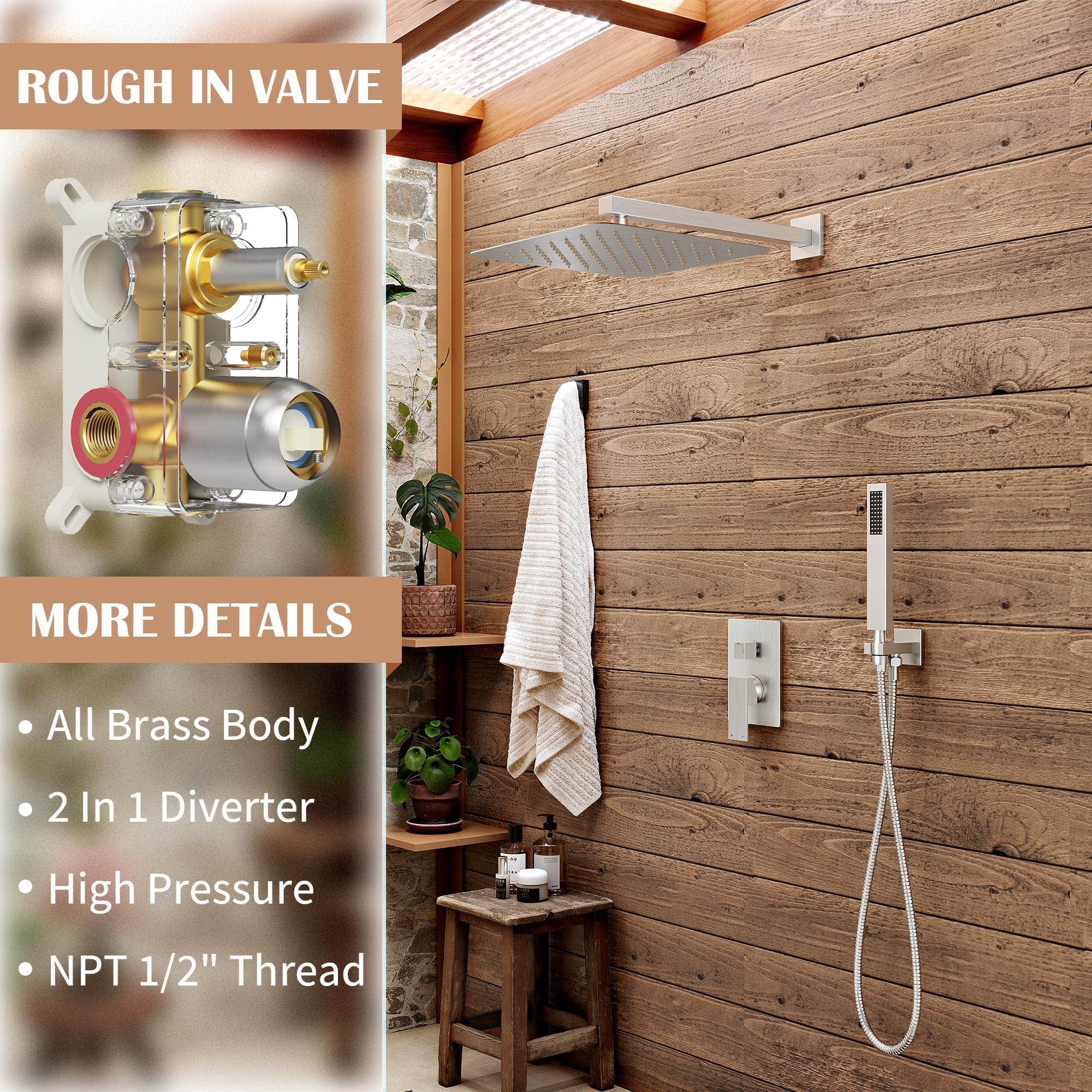 Alesco Shower System, Brushed Nickel Shower Faucet Set with 10-Inch High-Pressure Rainfall Showerheads and Handheld Spray combo, Showerfixture Include Valve and Trim Kit, Brushed Nickel - Image 4
