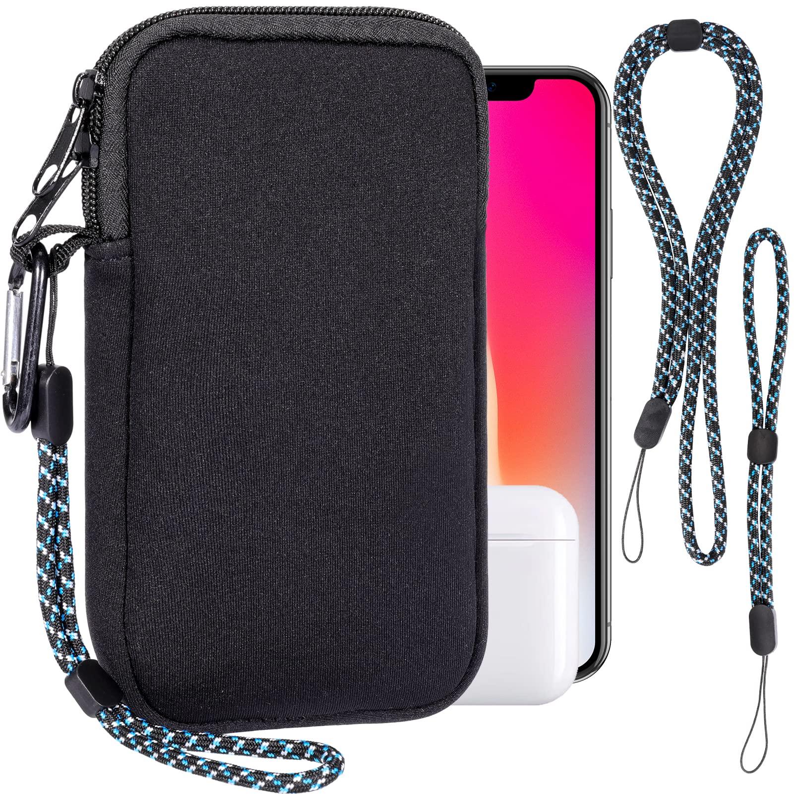 Phone Sock, Universal Shock & Impact Resistant Neoprene Pouch with Carabiner and Lanyard Strap Sleeve Case for Hiking & Travelling Phone Bag Fits Phones up to 7 Inches, Black, M