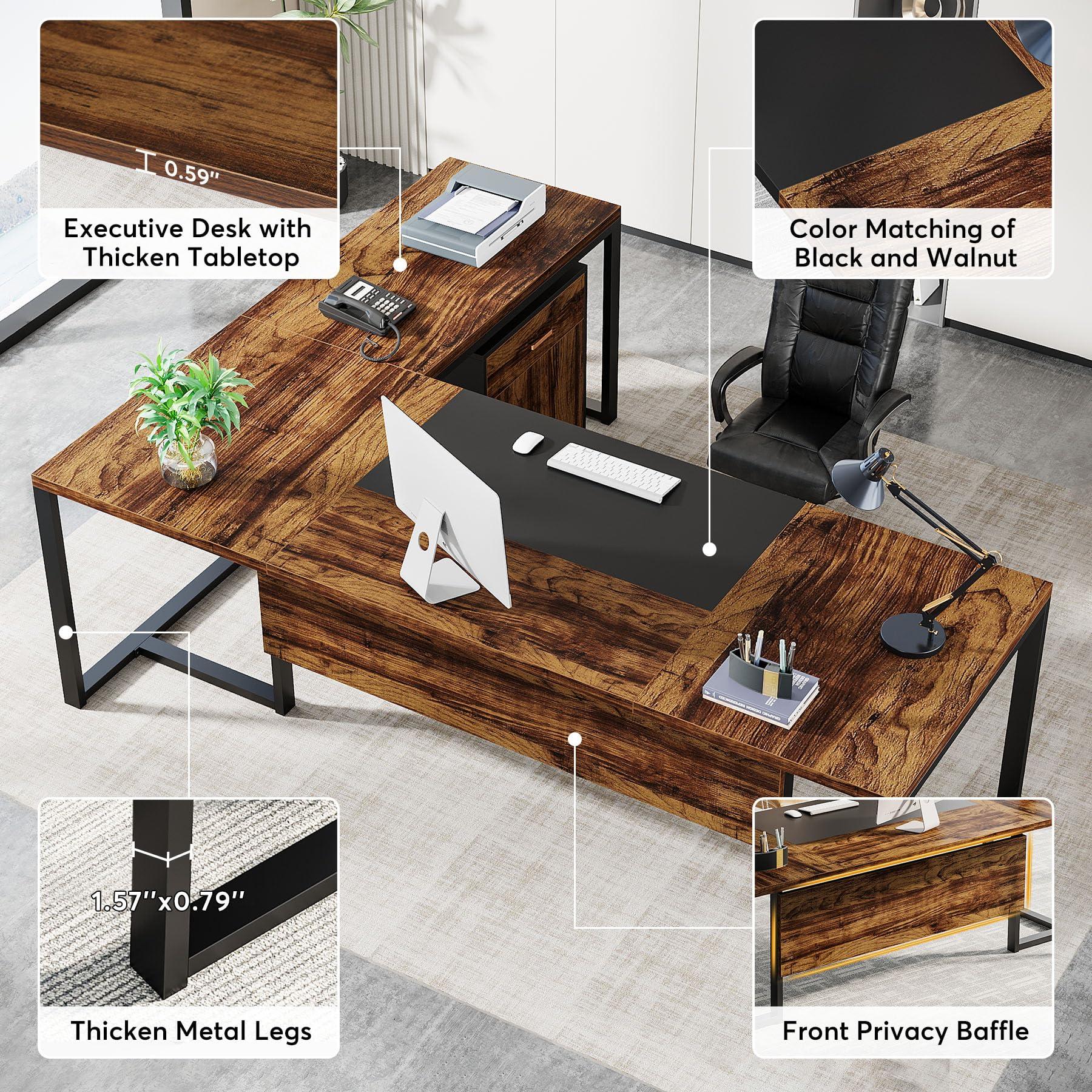 Tribesigns 70.8-Inch Executive Desk with File Cabinet, Large L Shaped Computer Desk with Storage Cabinet, L Shaped Desk with Drawer Cabinet, Rustic Brown & Black - Image 4