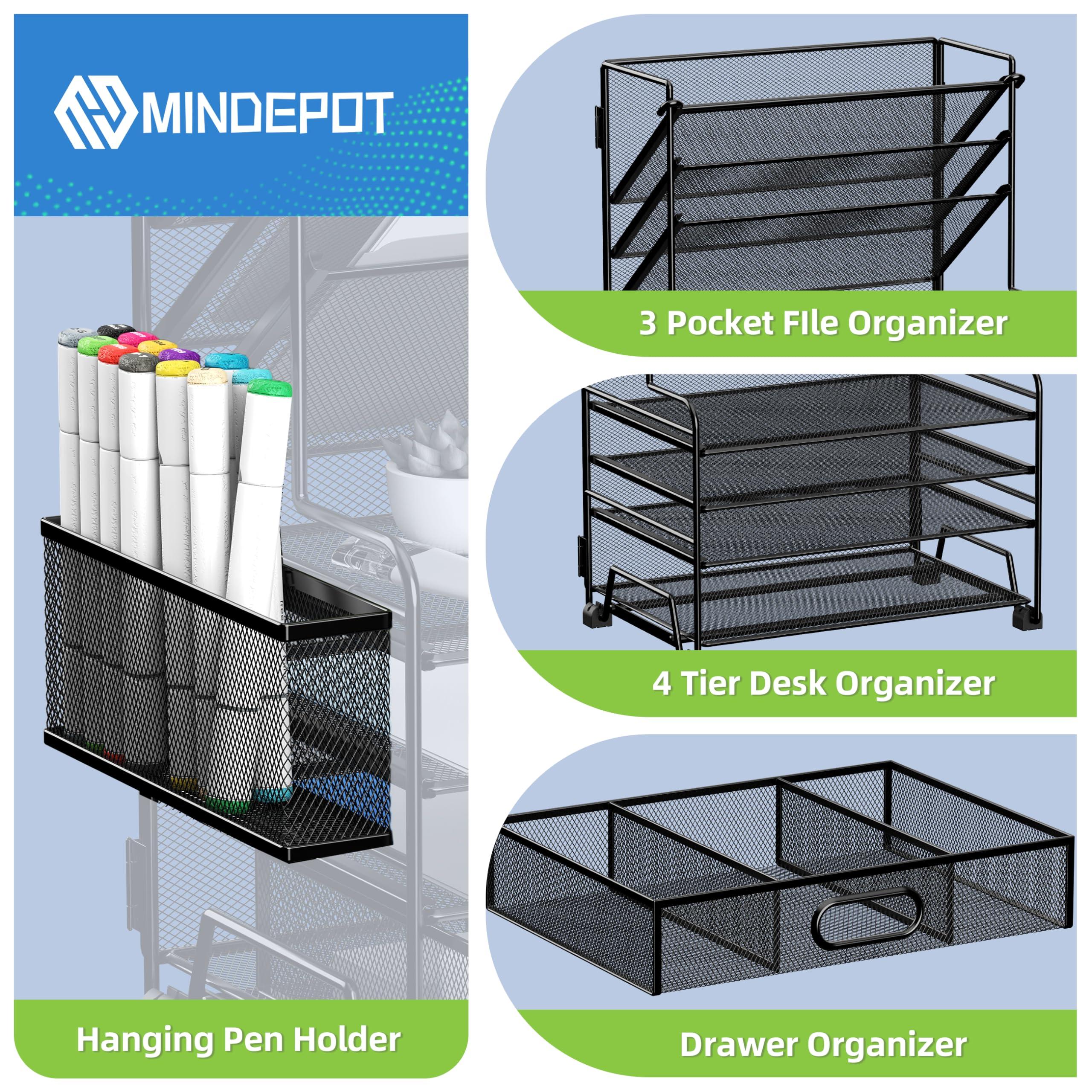 MINDEPOT 4-Tier Paper Organizer + 3-Pocket File Holder + Drawer + Pen Holders, Desktop File Organizers Paper Tray for Office Accessories School Classroom Organization (Black) - Image 4