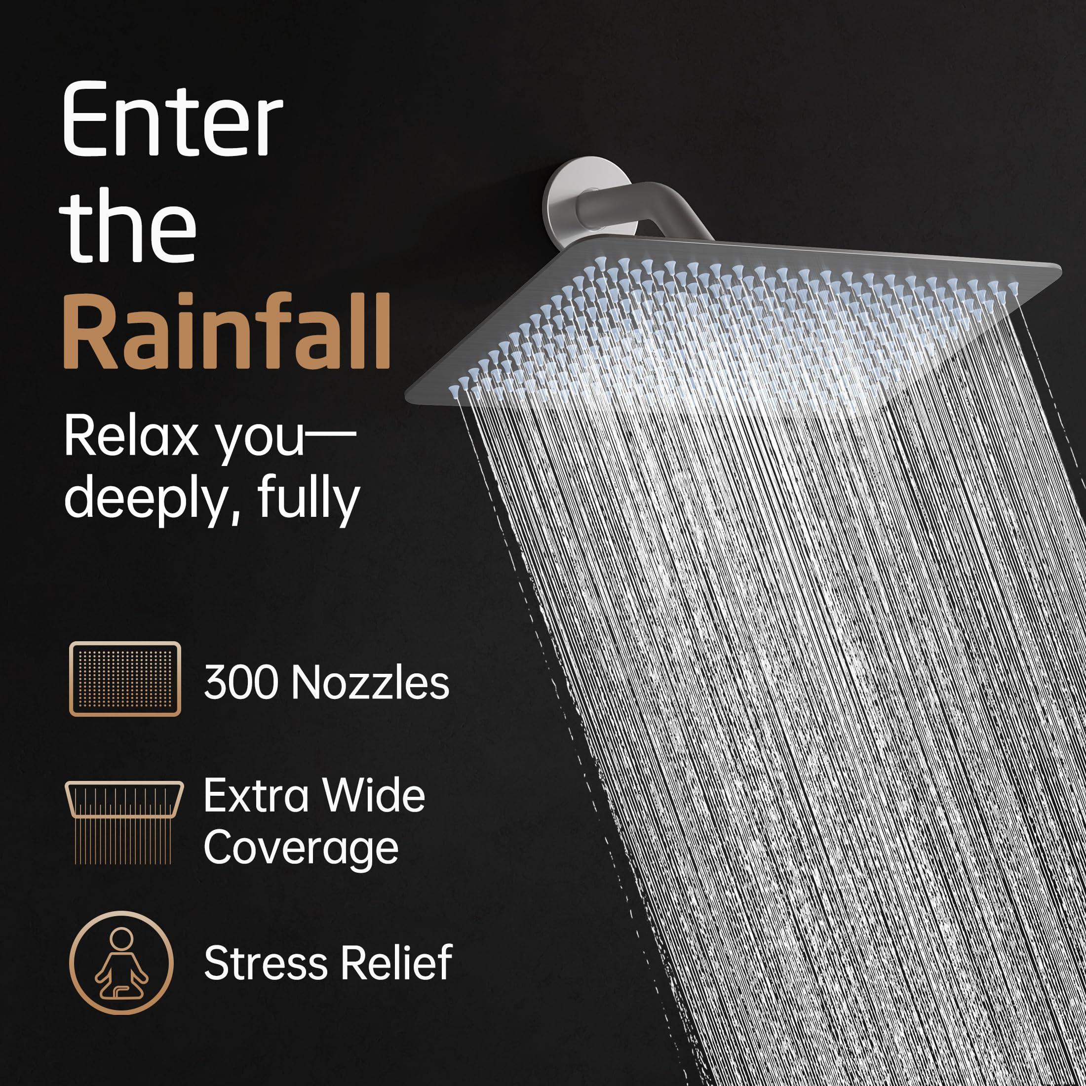 12-Inch Rectangle Rain Shower Head, KES Ultra-Thin High Pressure Rainfall Shower Heads, 300 Nozzles for Dense Water Flow, Full Body Waterfall Coverage, Wall or Ceiling Mount, Brushed Steel - Image 3