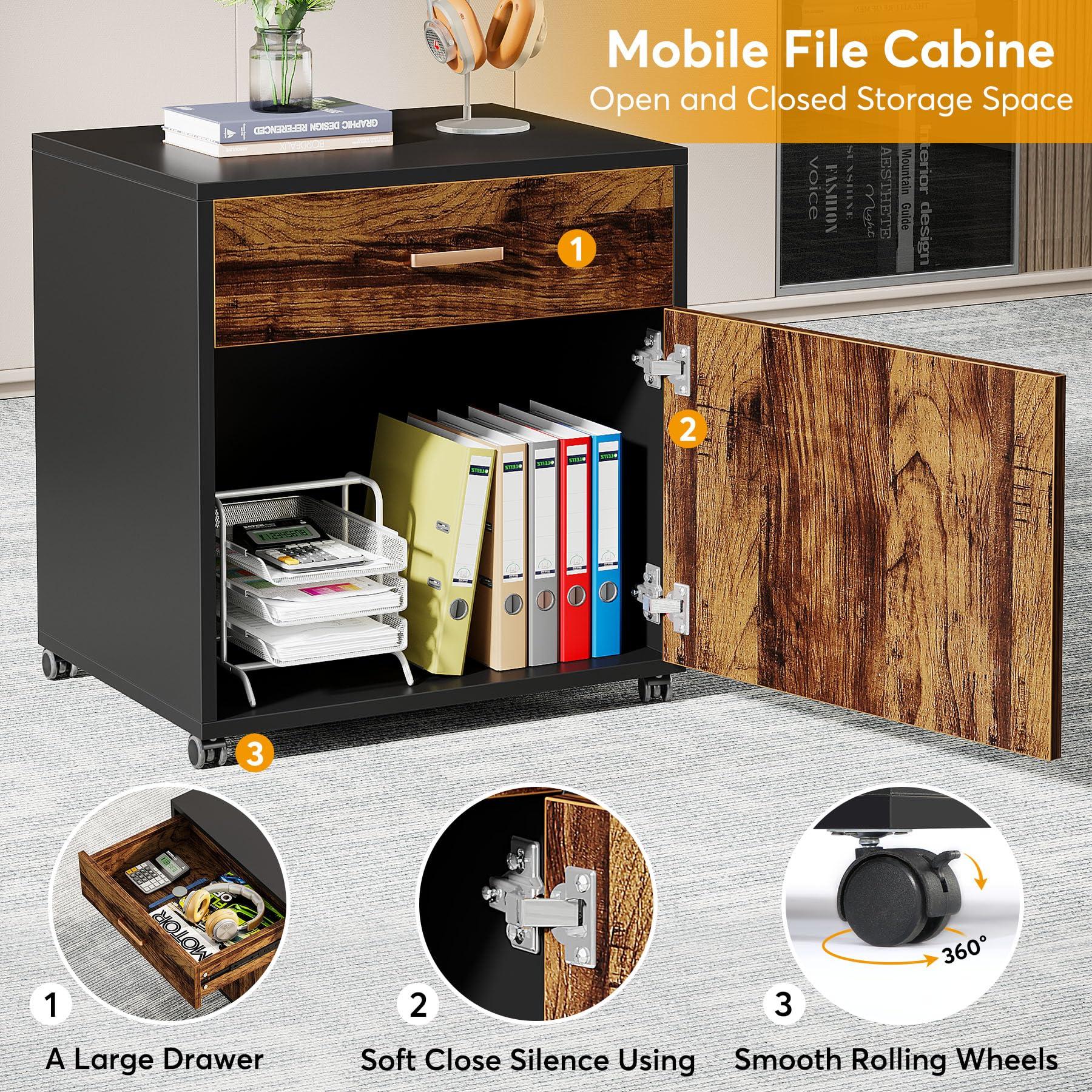 Tribesigns 70.8-Inch Executive Desk with File Cabinet, Large L Shaped Computer Desk with Storage Cabinet, L Shaped Desk with Drawer Cabinet, Rustic Brown & Black - Image 5