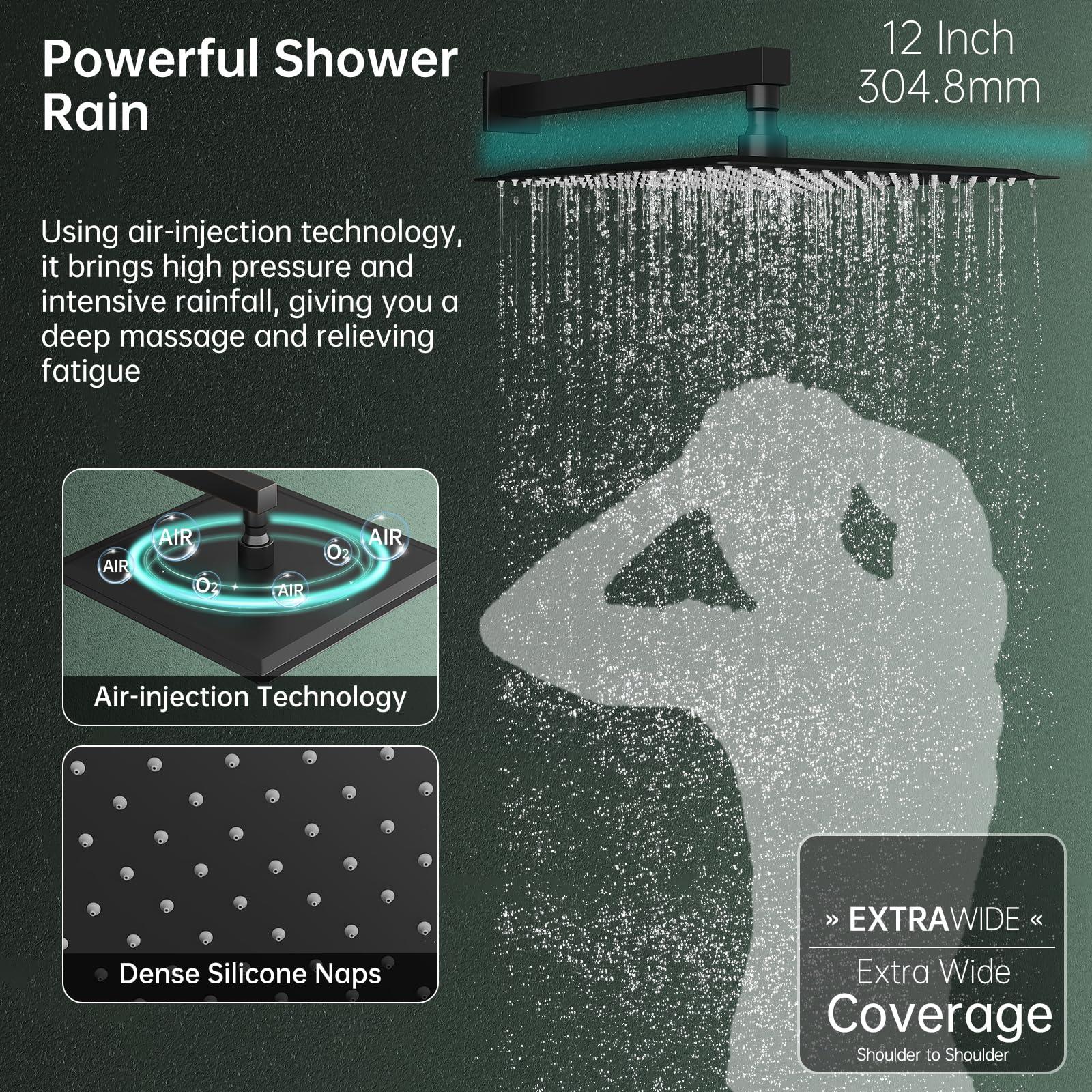 Hoimpro 12 Inch Shower Head System Set Bathroom Rain Mixer Shower Head 2 In 1 Handheld Sprayer Wall Mounted, Square Rainfall Shower Faucet Fixture Combo Valve Kits Brass Showerhead, Matte Black - Image 5