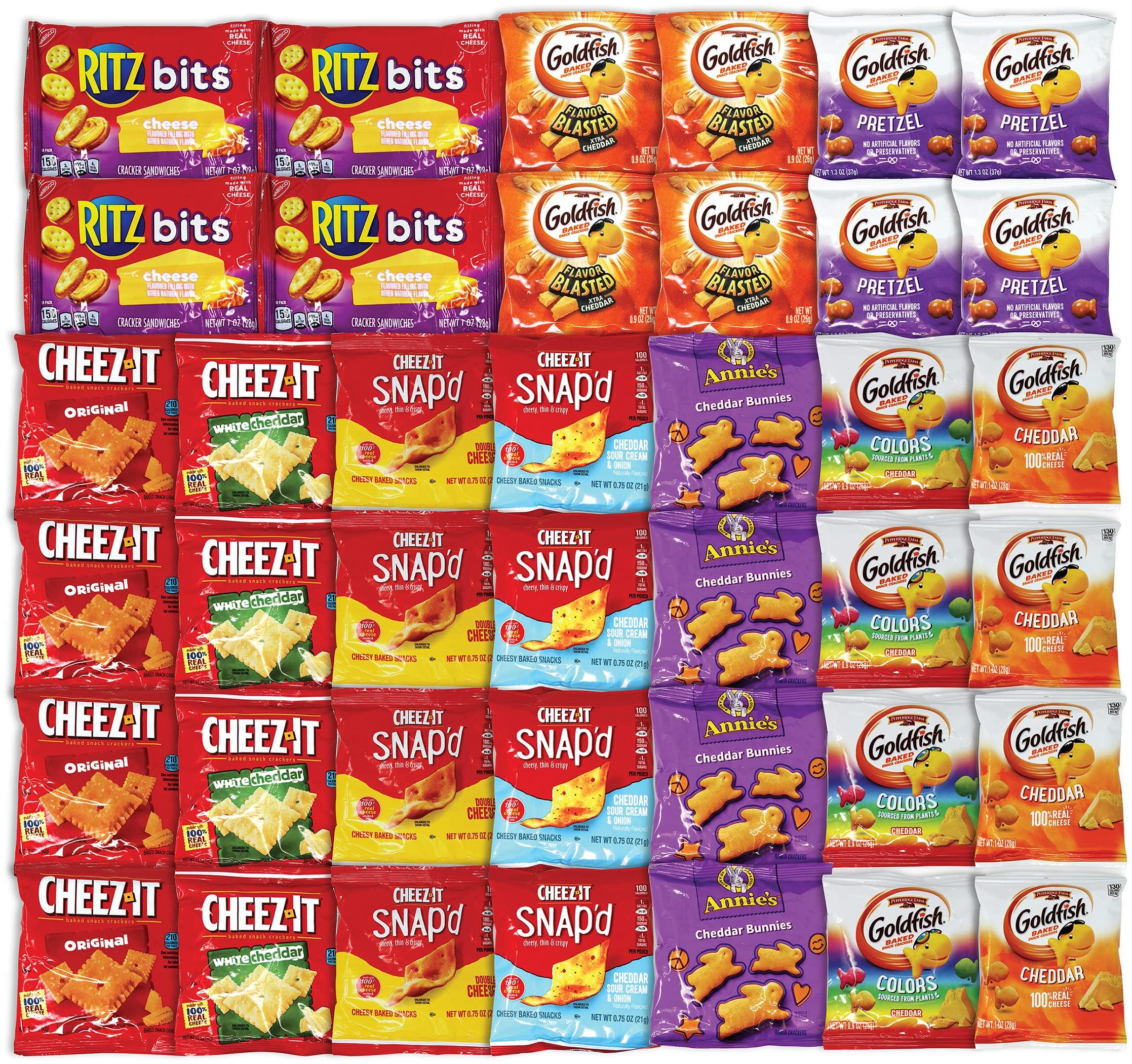 Niro Assortment | 40 Packs Individual Bags Cheese Crackers Variety Pack, Cheez-It, Gold fish, Annie's, and Ritz Bits Snack Packs | Snacks for Adults and Children